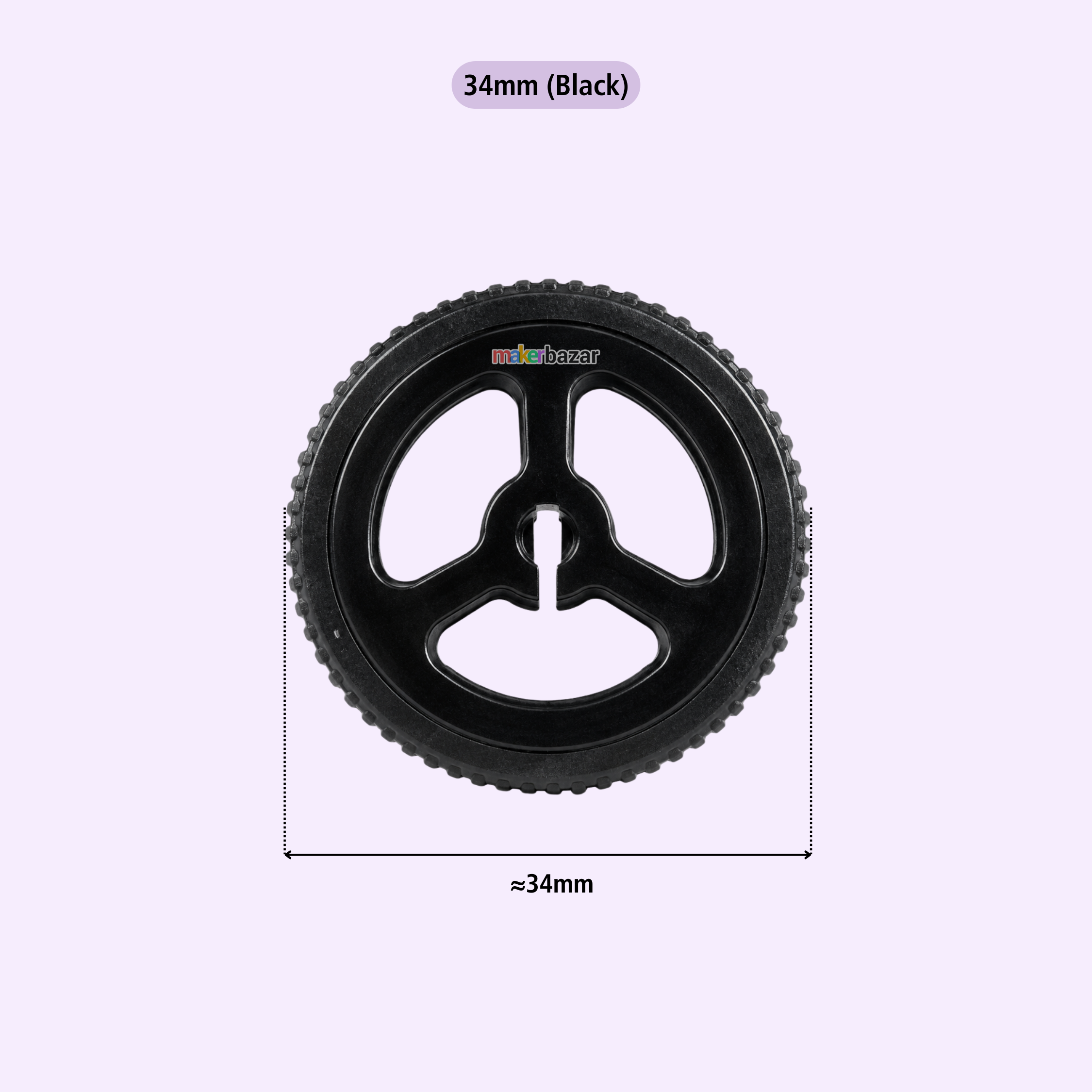 A black 34mm scooter wheel shown from a top-down view on a light lavender background, with dimension lines and text indicating a 34mm diameter.