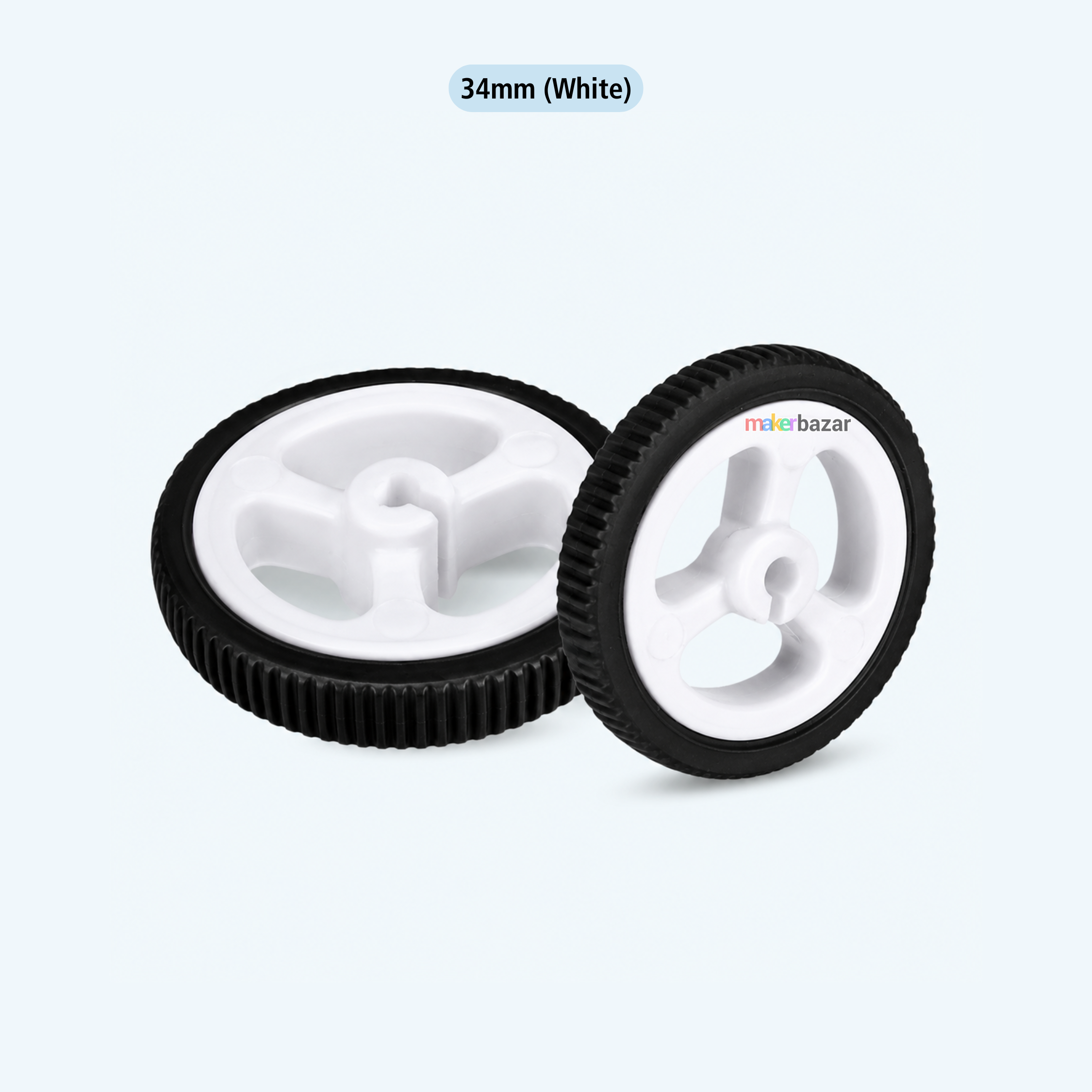 Two 34mm white caster wheels with black rubber tires, shown on a light blue background with a text label '34mm (White)' at the top.