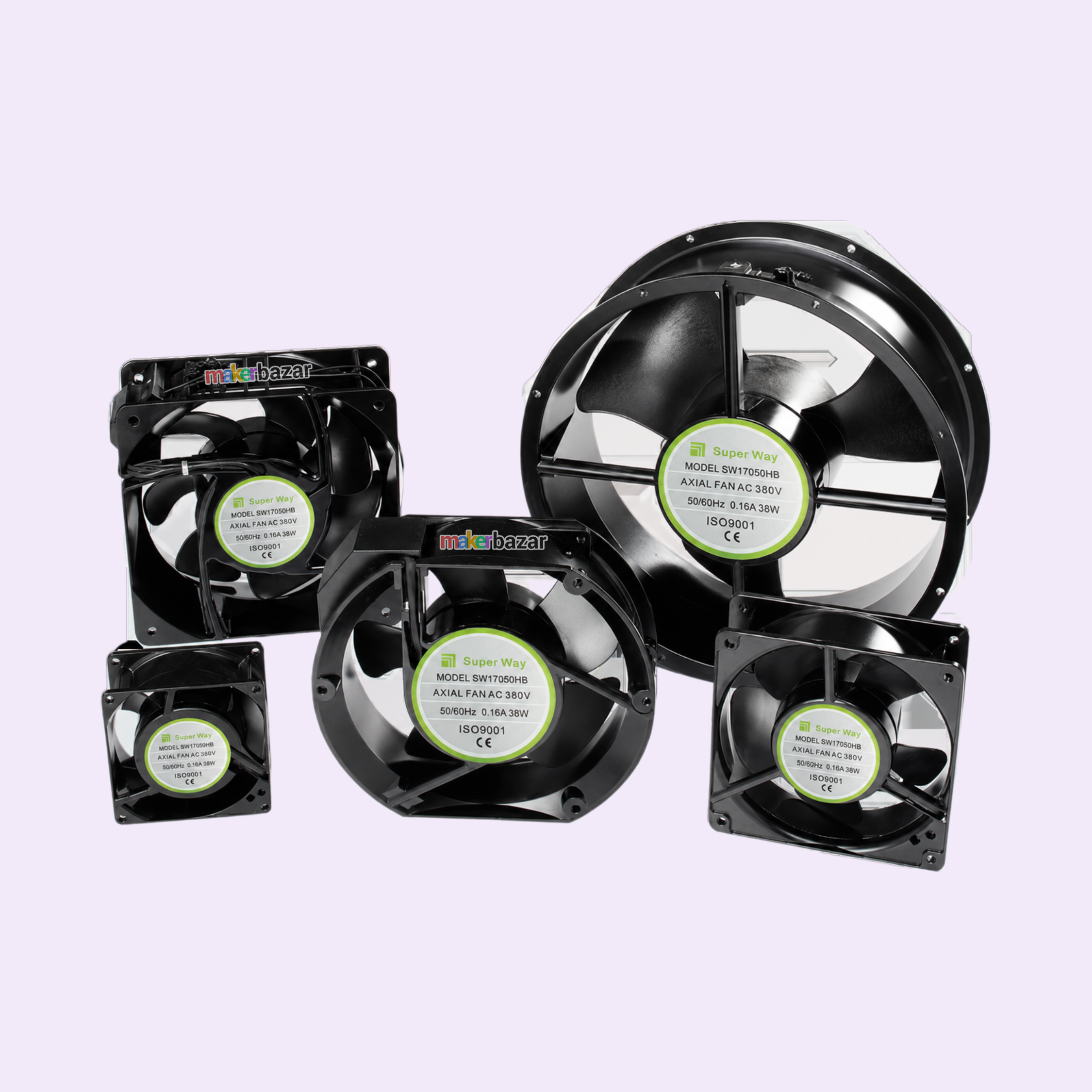 Five black industrial ceiling fans of different sizes arranged on a light lavender background. Each fan has a circular green and white label in the center with the brand name 'Majestic' visible.