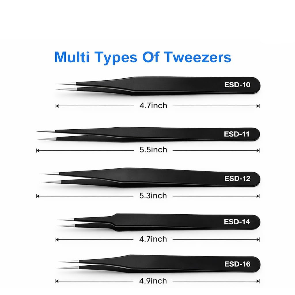 10Pcs Precision ESD Tweezer Set Anti-Static Stainless Steel Tweezer Kit