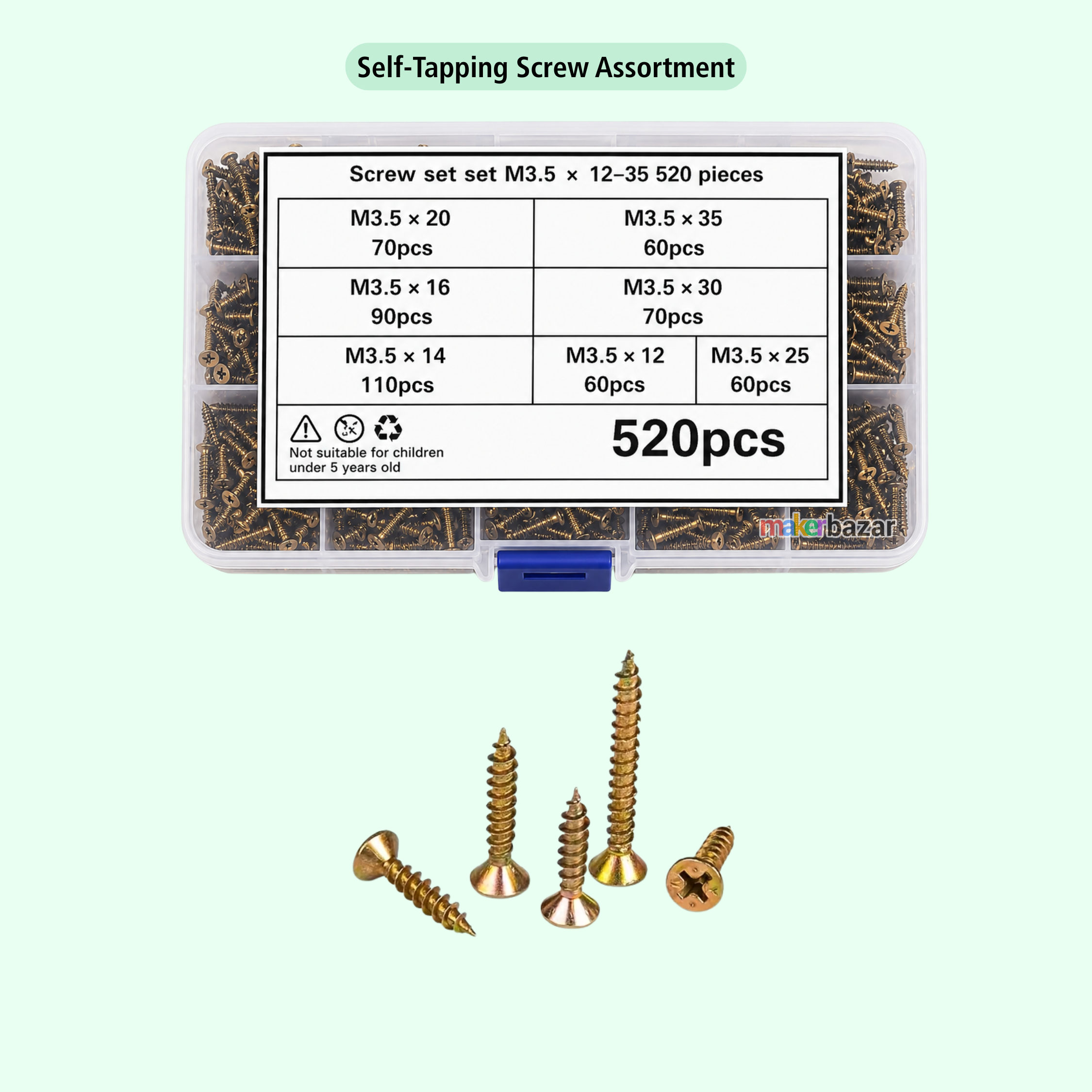 520Pcs M3.5 (12-35mm) Countersunk Head Self-Tapping Screw Assortment Kit
