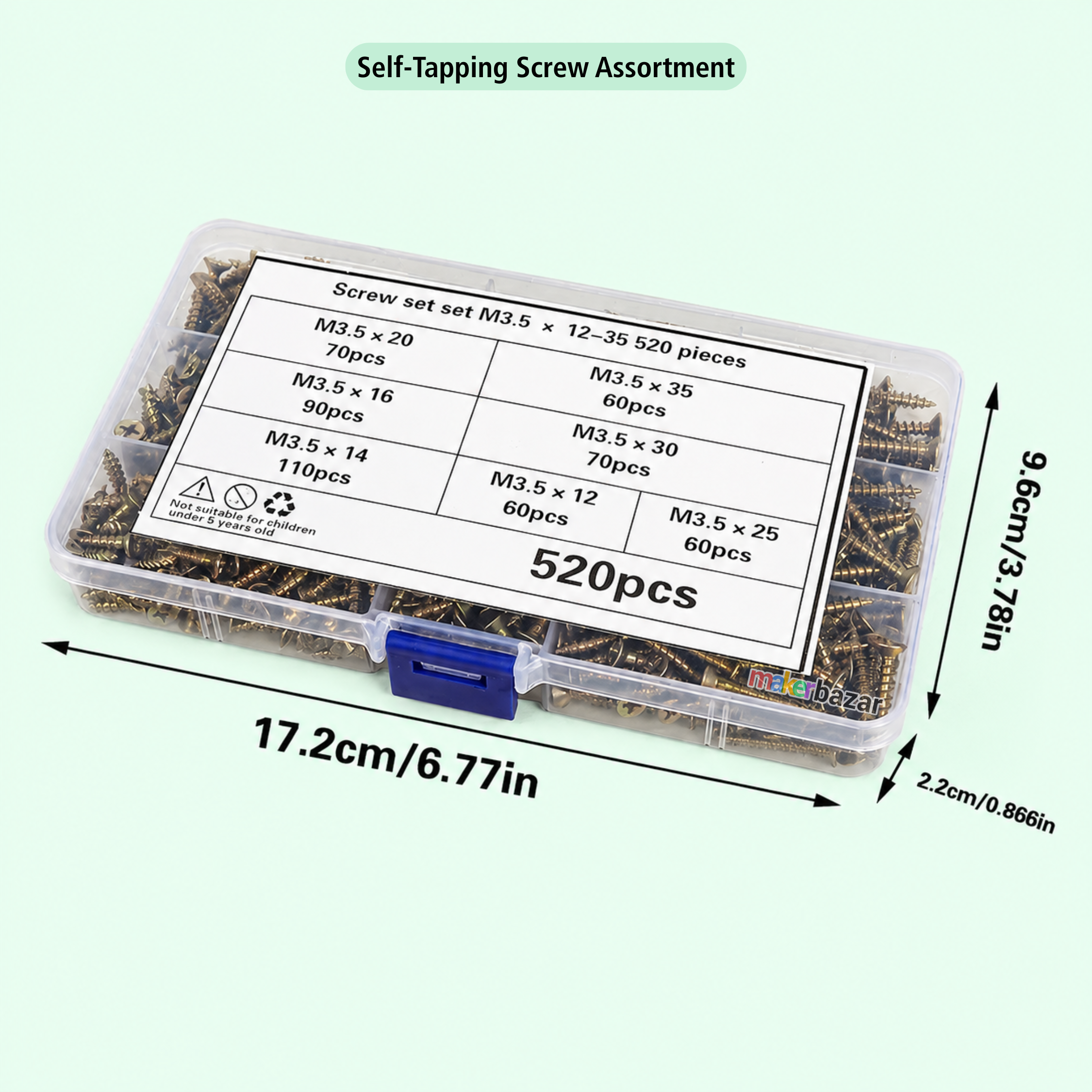 520Pcs M3.5 (12-35mm) Countersunk Head Self-Tapping Screw Assortment Kit