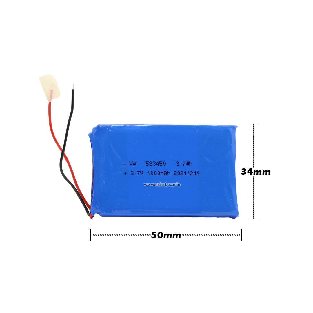 KP: 523450 Lipo Battery - Single Cell 3.7 V 1000mAh Lithium Polymer Battery