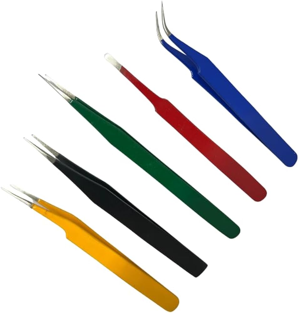 5pcs Colorful ESD Straight and Curved Tips Tweezers Set