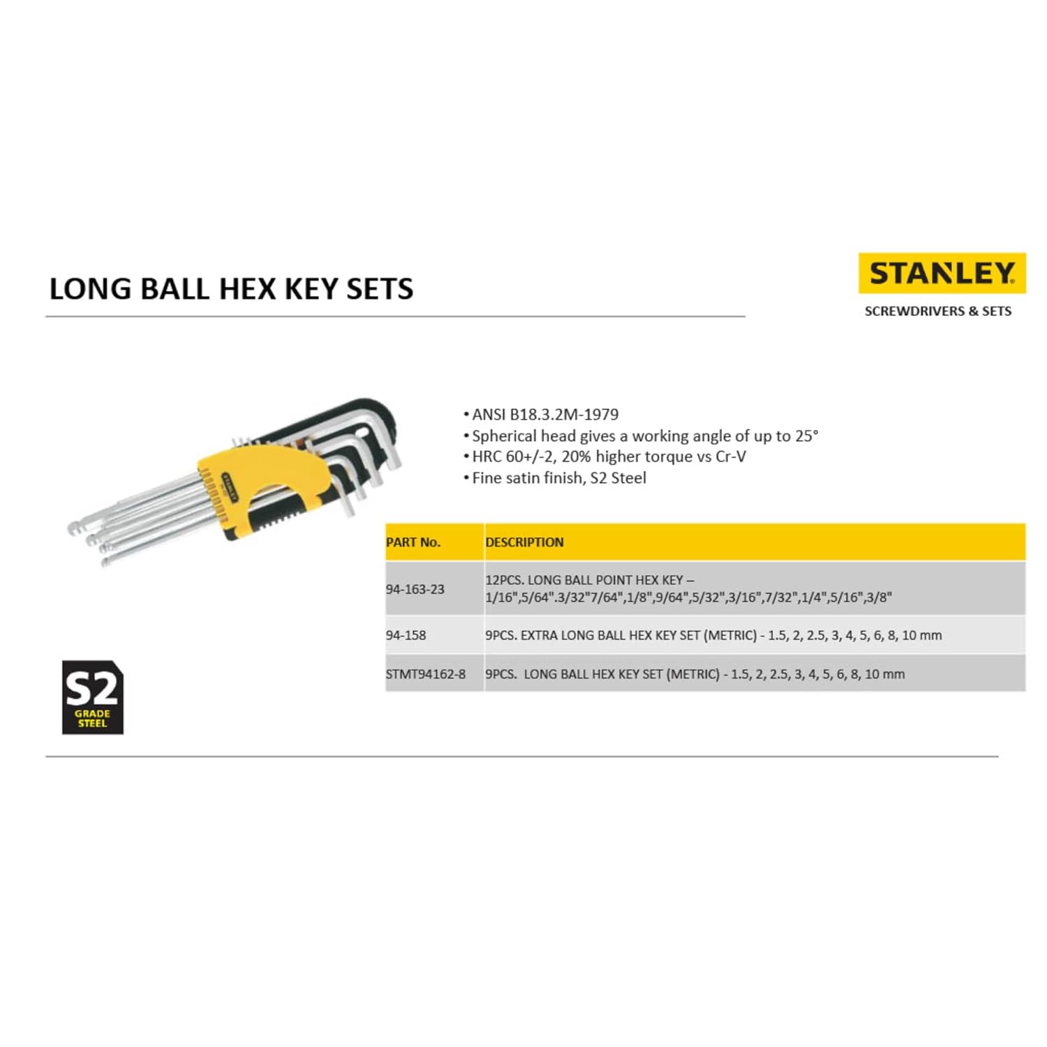 Stanley 94-163-23 12-Piece Imperial Ball End Long Hex Key Set