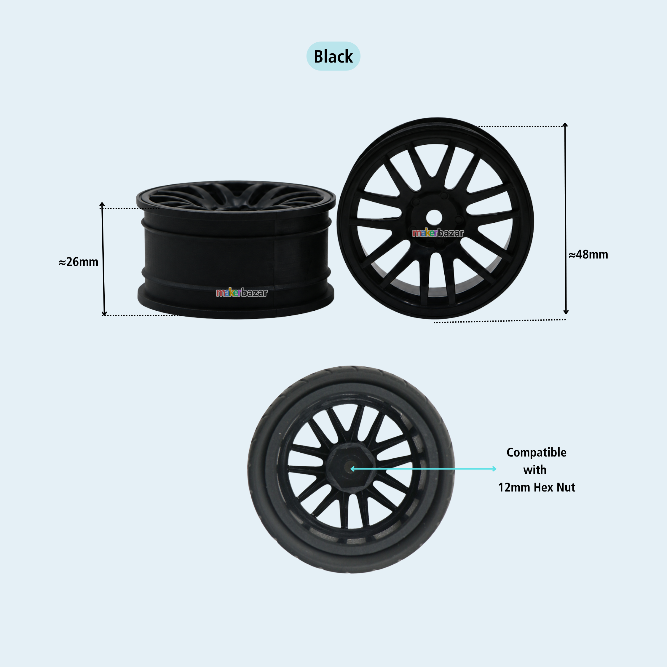 Black multi-spoke alloy wheels shown from three angles with dimension markings (26mm height, 48mm diameter) and a note indicating compatibility with a 12mm Hex Nut, on a light blue background.