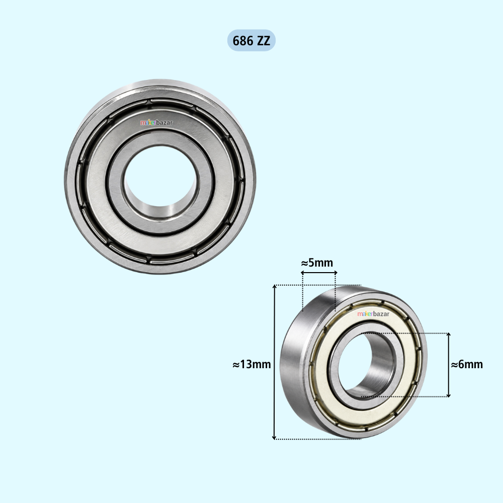 Two metallic ball bearings on a light blue background, with one shown from the front and one from the side with dimension markings of approximately 13mm, 6mm, and 5mm. The text '686 ZZ' appears at the top.