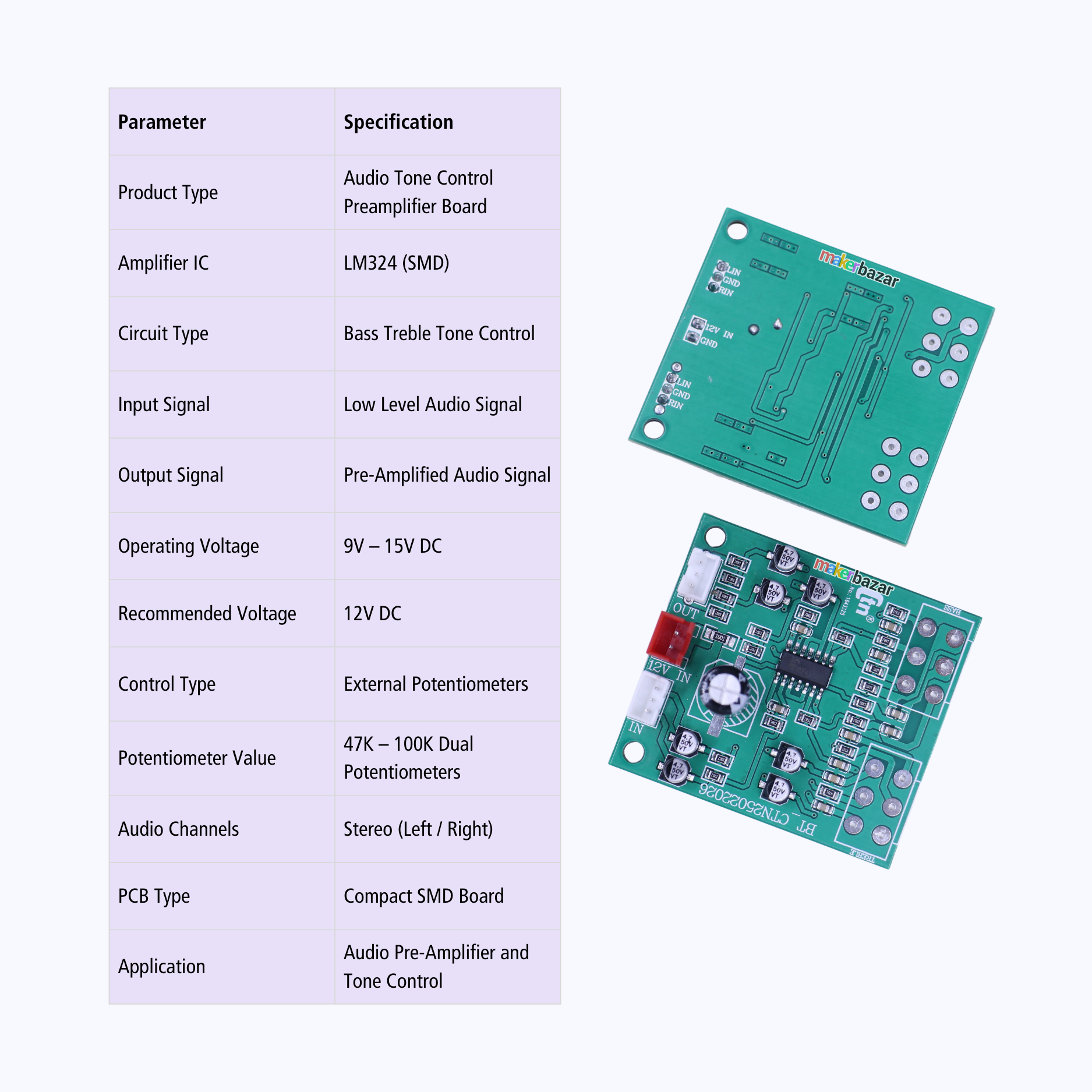 LM324 SMD Bass Treble Tone Control Preamplifier Board – 12V Audio Preamp Module