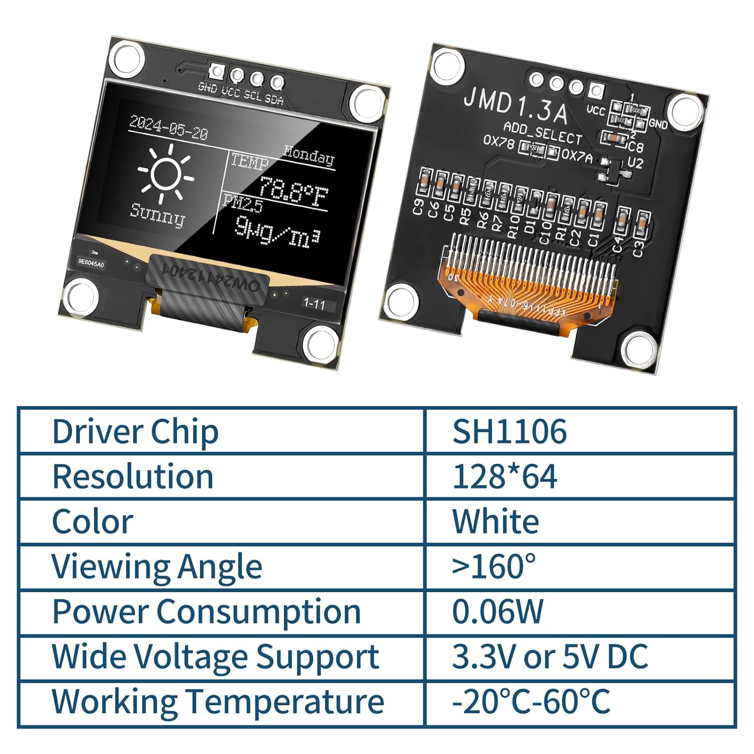 1.3in SSD1106-Controller 128x64 I2C OLED Display