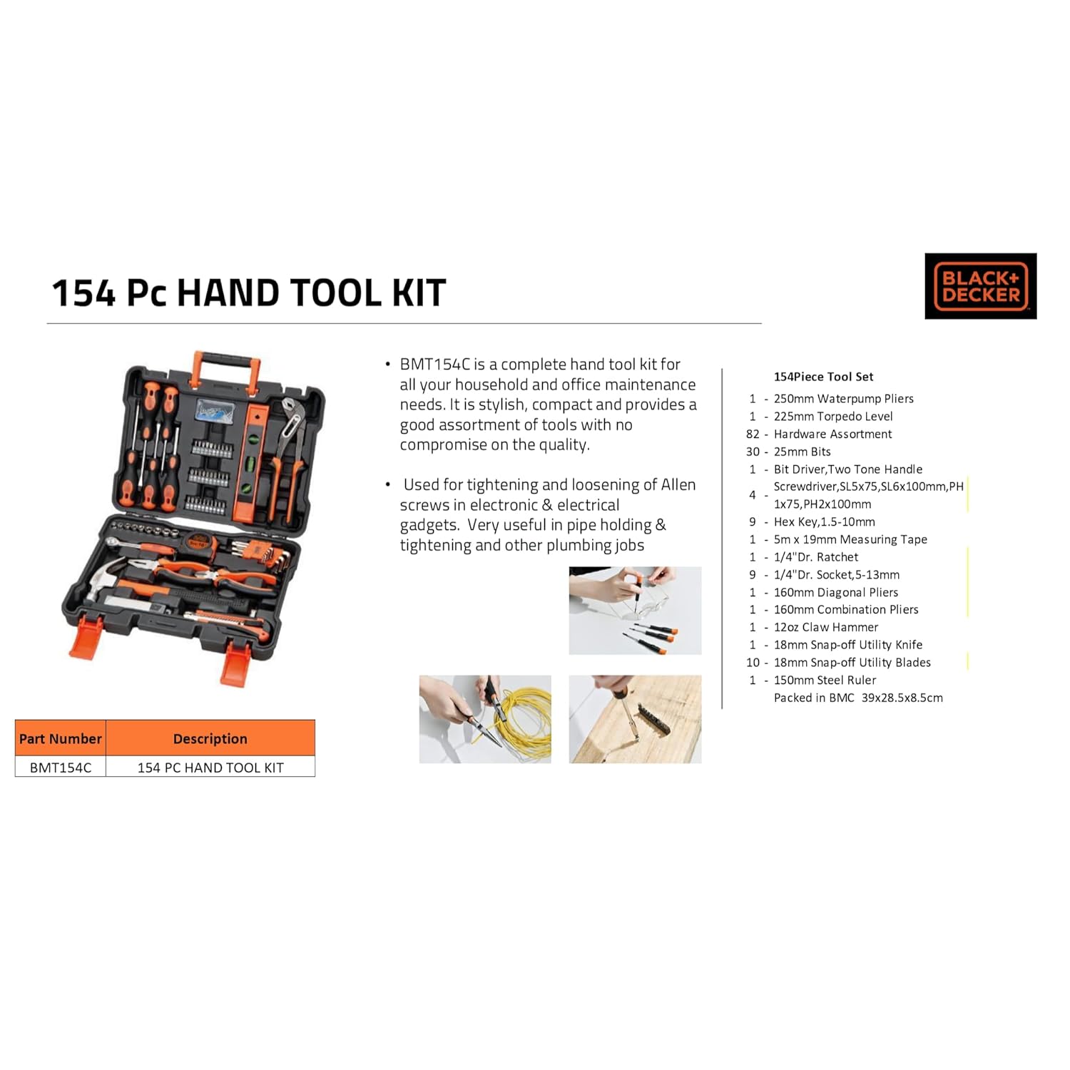 Black+Decker BMT154C Hand Tool Kit for Home & DIY Use (154-Piece)
