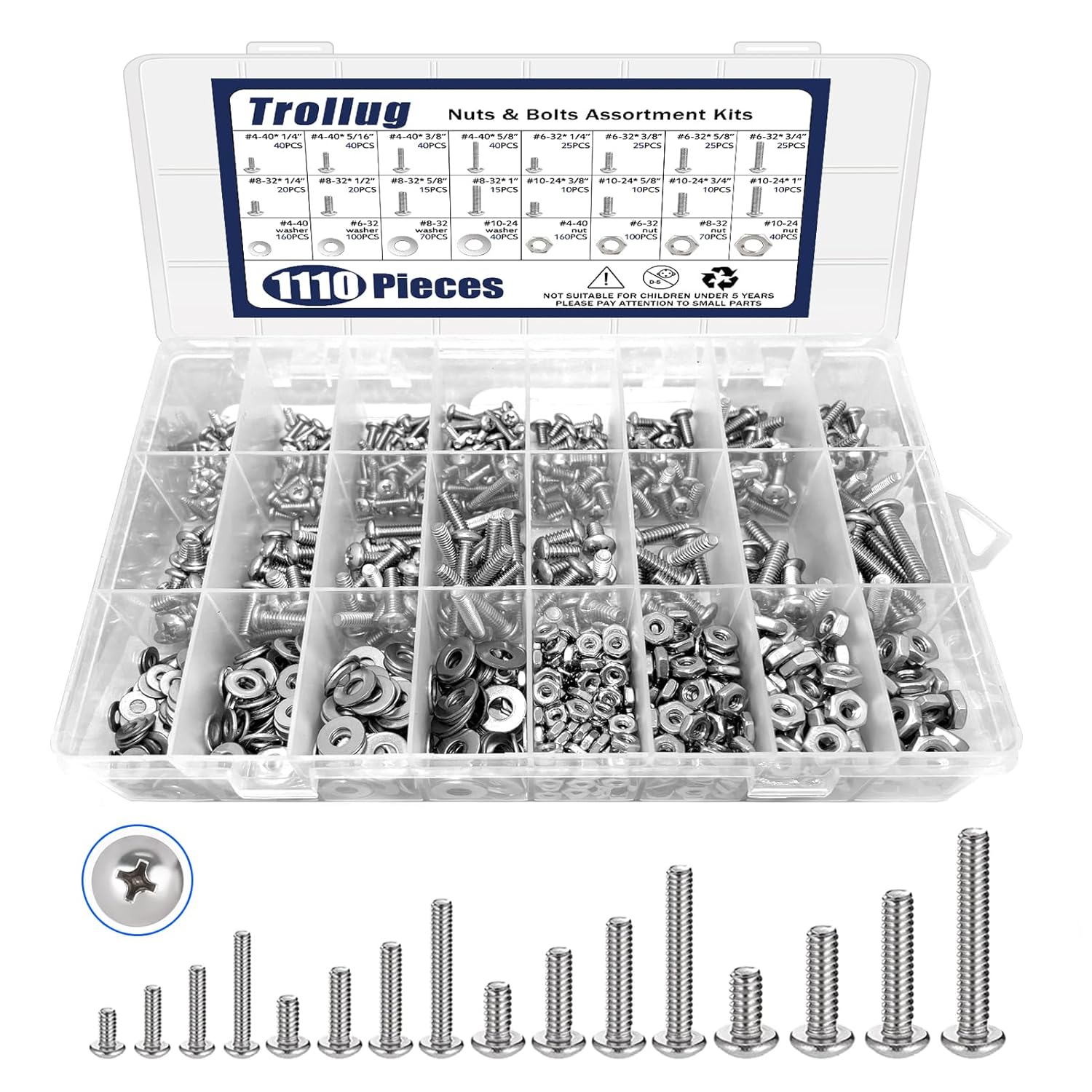 1110PCS Heavy Duty Bolt and Nut Assortment Kit (#4-40#6-32#8-32#10-24）