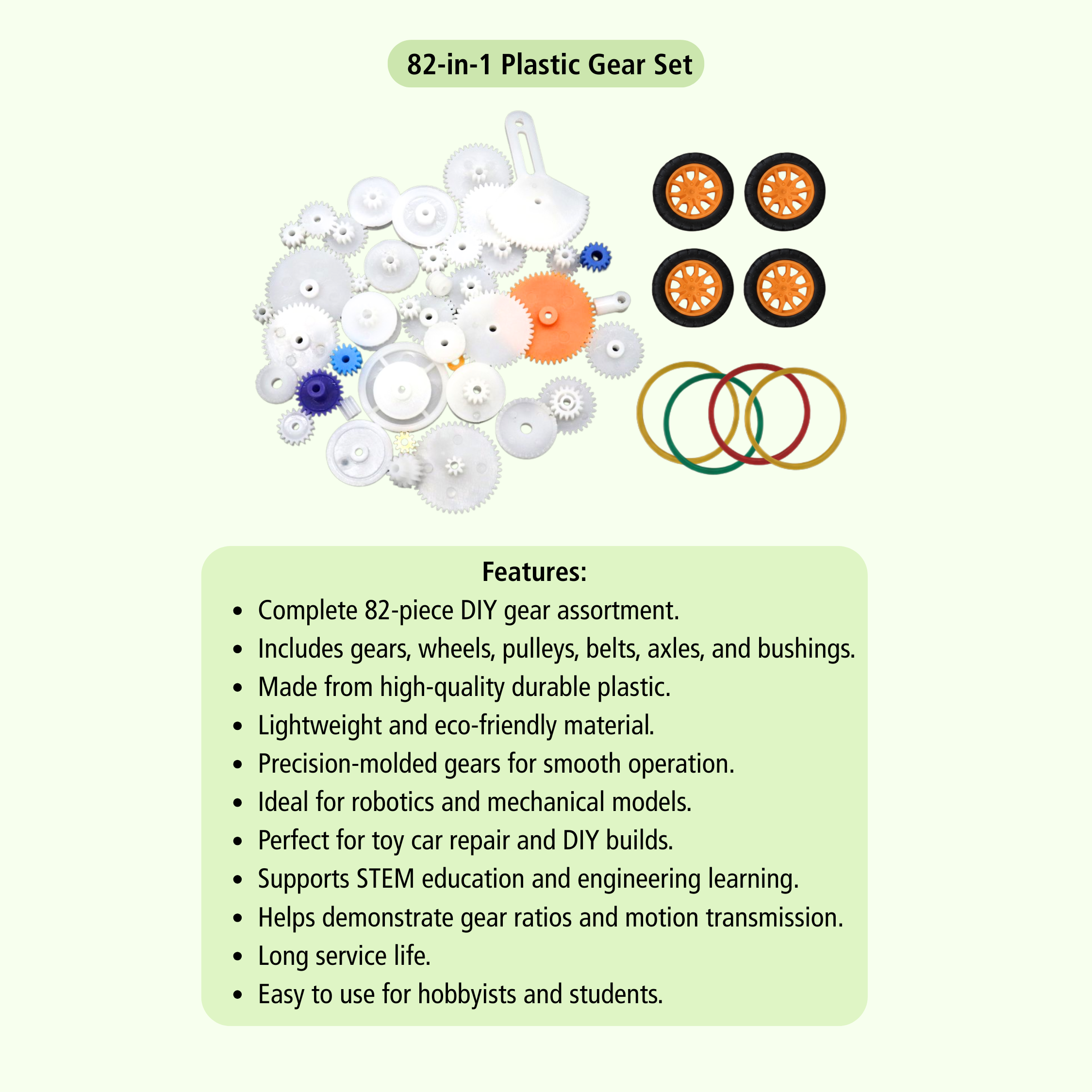 82pcs (Type-2) Plastic Gear Set with Wheels, Pulleys, Belts & Axles for Projects