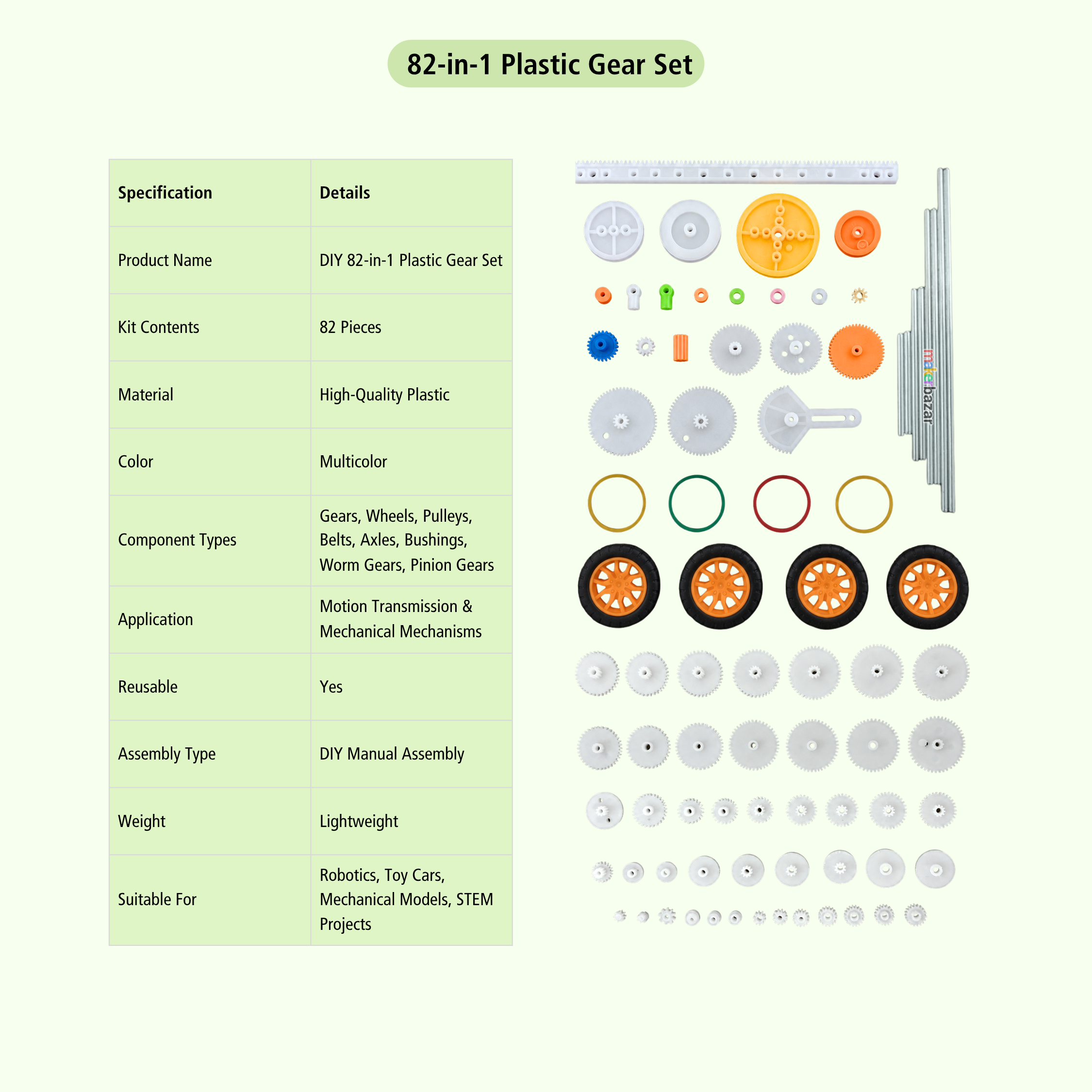 82pcs (Type-2) Plastic Gear Set with Wheels, Pulleys, Belts & Axles for Projects
