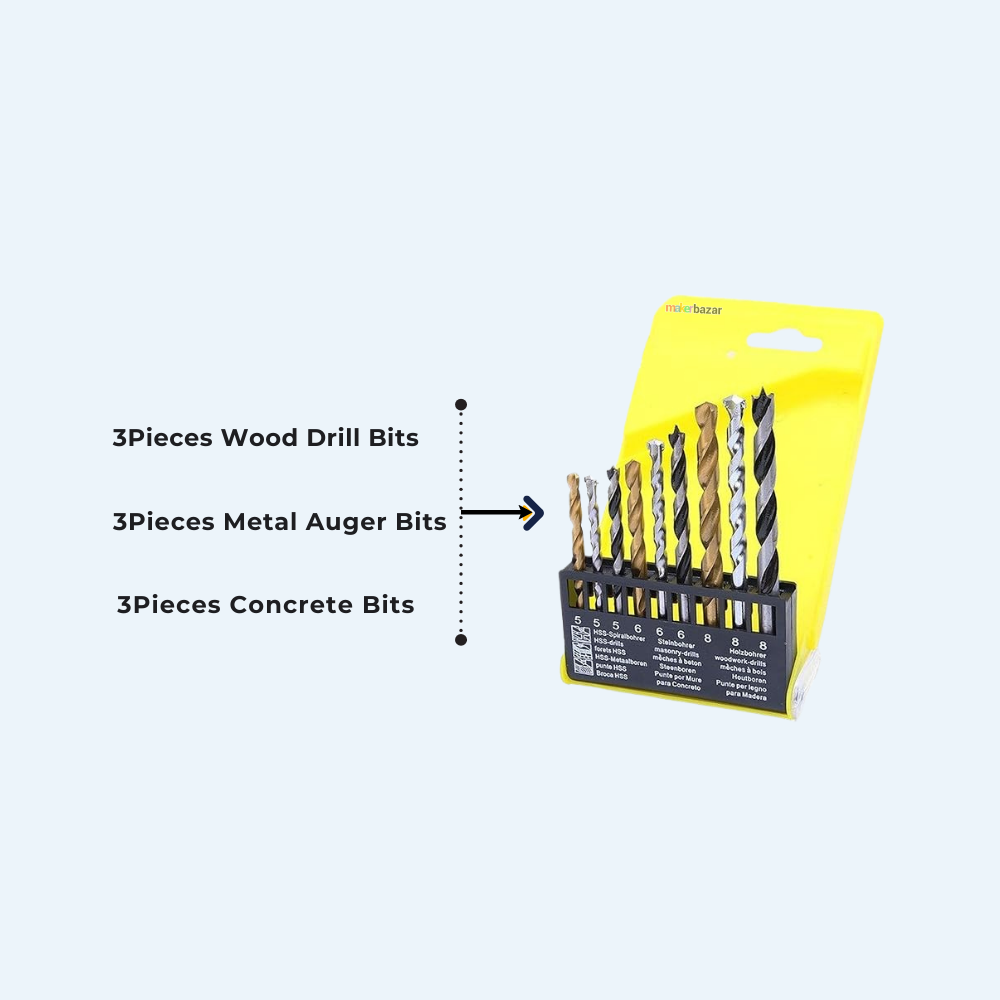 9pcs Multipurpose Drill Bit Set (HSS + Wood + Masonry)