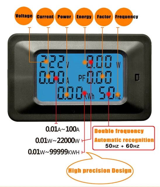 AC 20KW 110-250V 100A Digital Power Energy Voltmeter Ammeter Frequency Meter