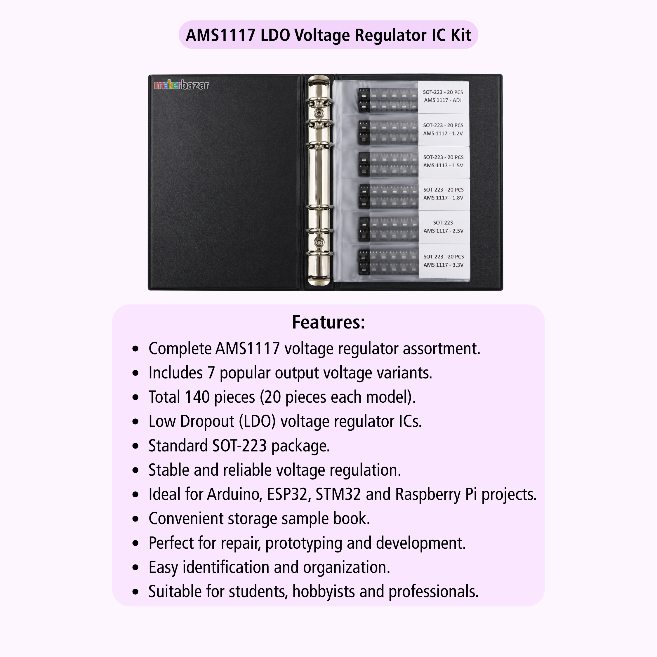 AMS1117 LDO Voltage Regulator IC Kit featuring a black ring binder with multiple labeled voltage regulator components and a list of features on a light purple background.