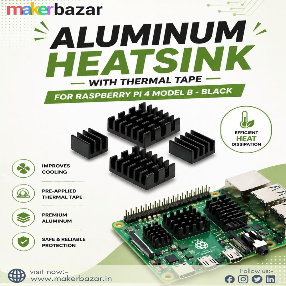 Aluminum Heatsink with Thermal Tape for Raspberry Pi 4 Model B - Black