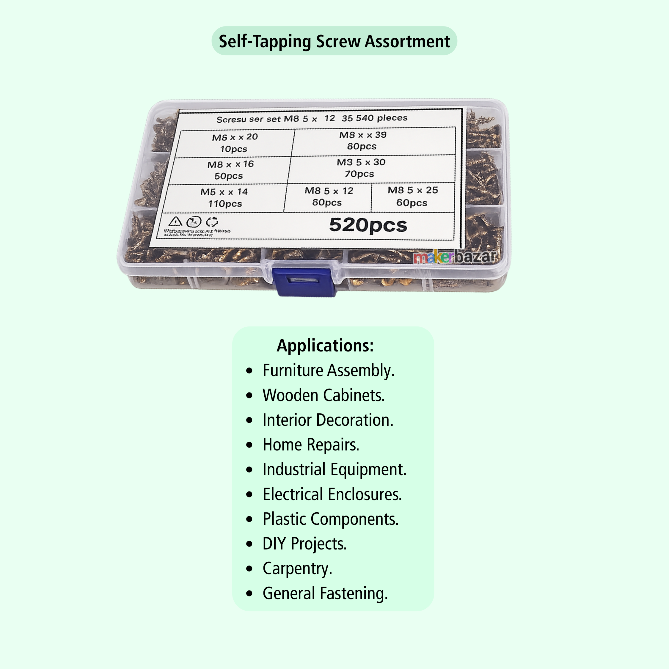 520Pcs M3.5 (12-35mm) Countersunk Head Self-Tapping Screw Assortment Kit