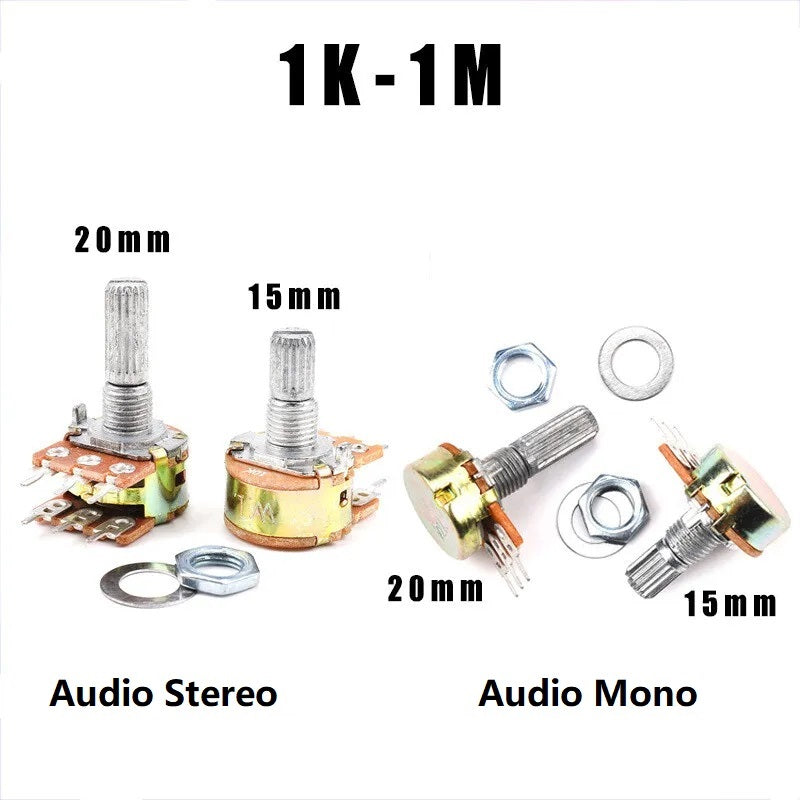 WH148 3pin 15mm Rotary Shaft Potentiometer, Audio Logarithm (A) Taper Pots