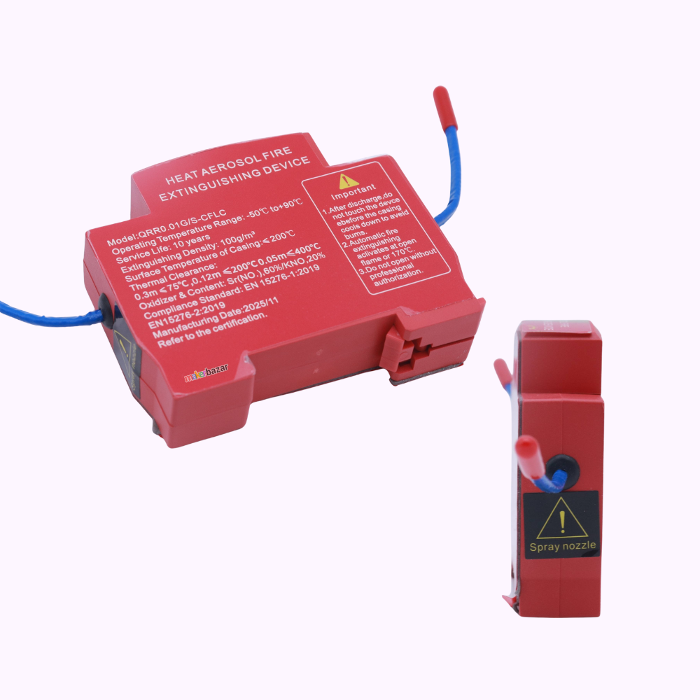 A red heat aerosol fire extinguishing device with blue and red wires, shown alongside a smaller matching red spray nozzle component on a plain white background.