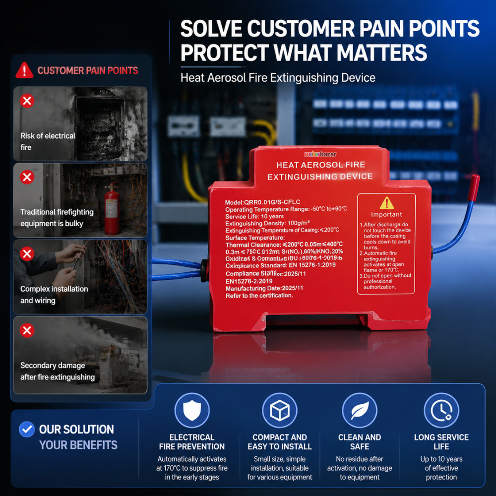A red heat aerosol fire extinguishing device with blue wires, shown on a dark promotional background with marketing text, benefit icons, and installation imagery.