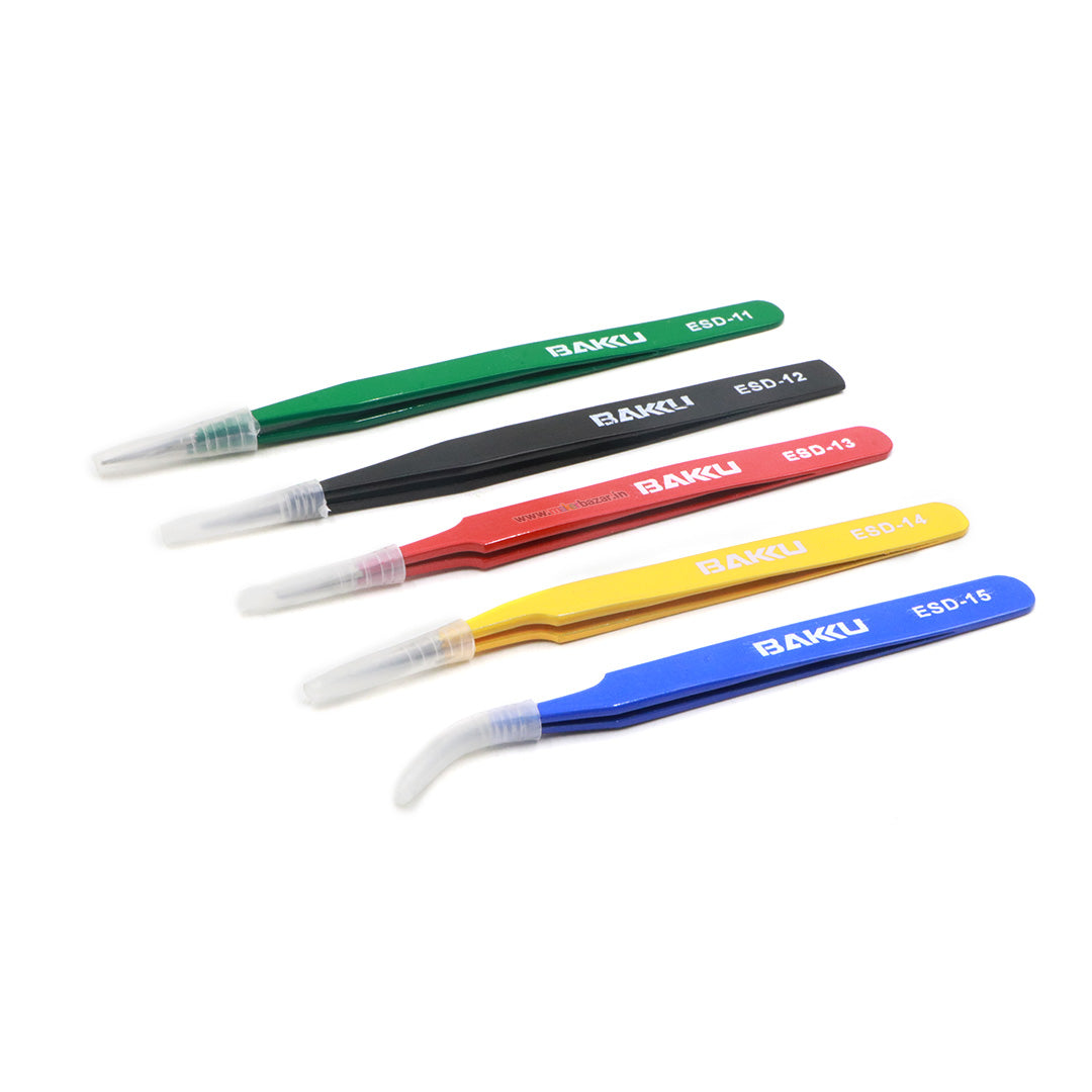 5pcs Colorful ESD Straight and Curved Tips Tweezers Set