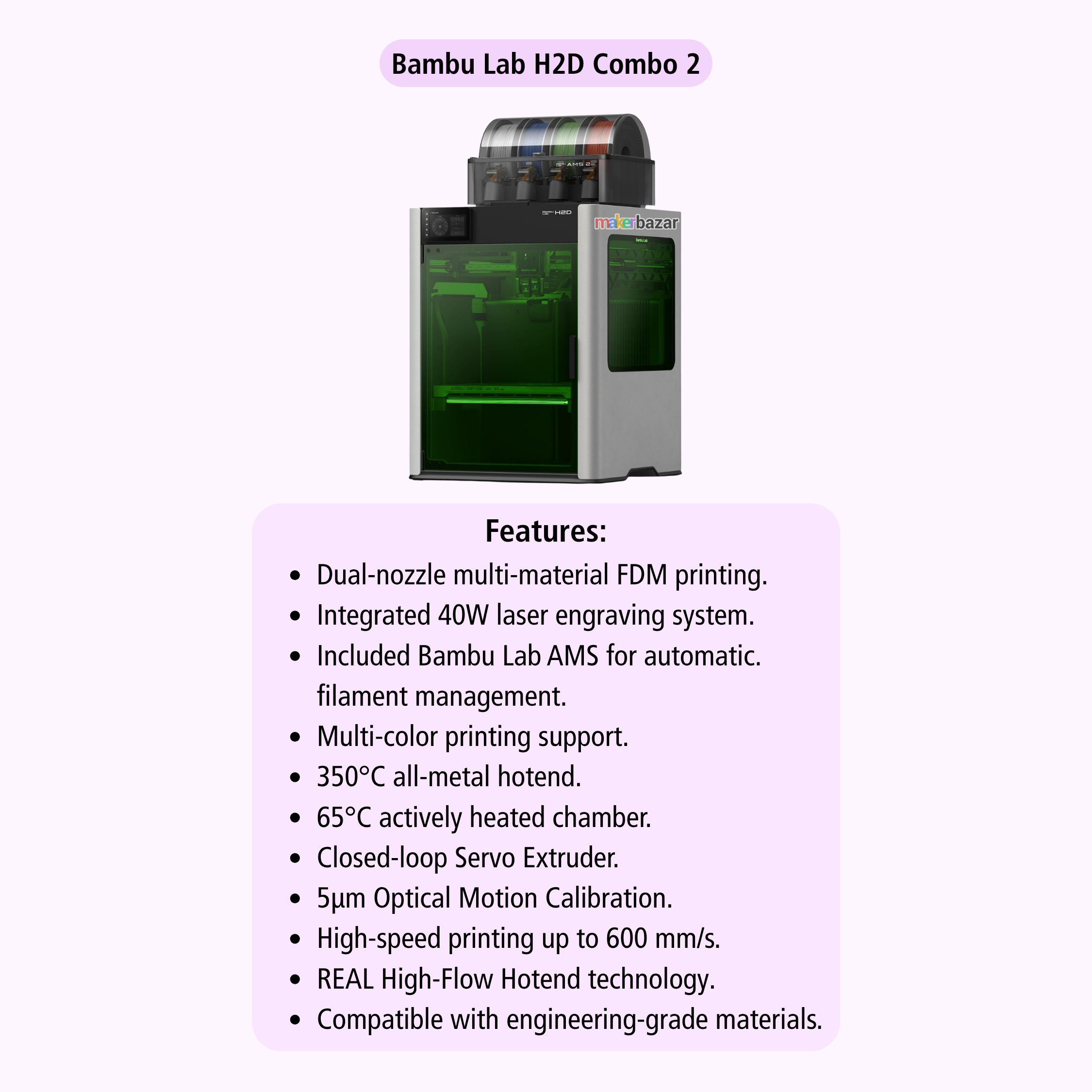 Bambu Lab H2D Combo 2 40W Dual-Nozzle Multi-Material 3D Printer