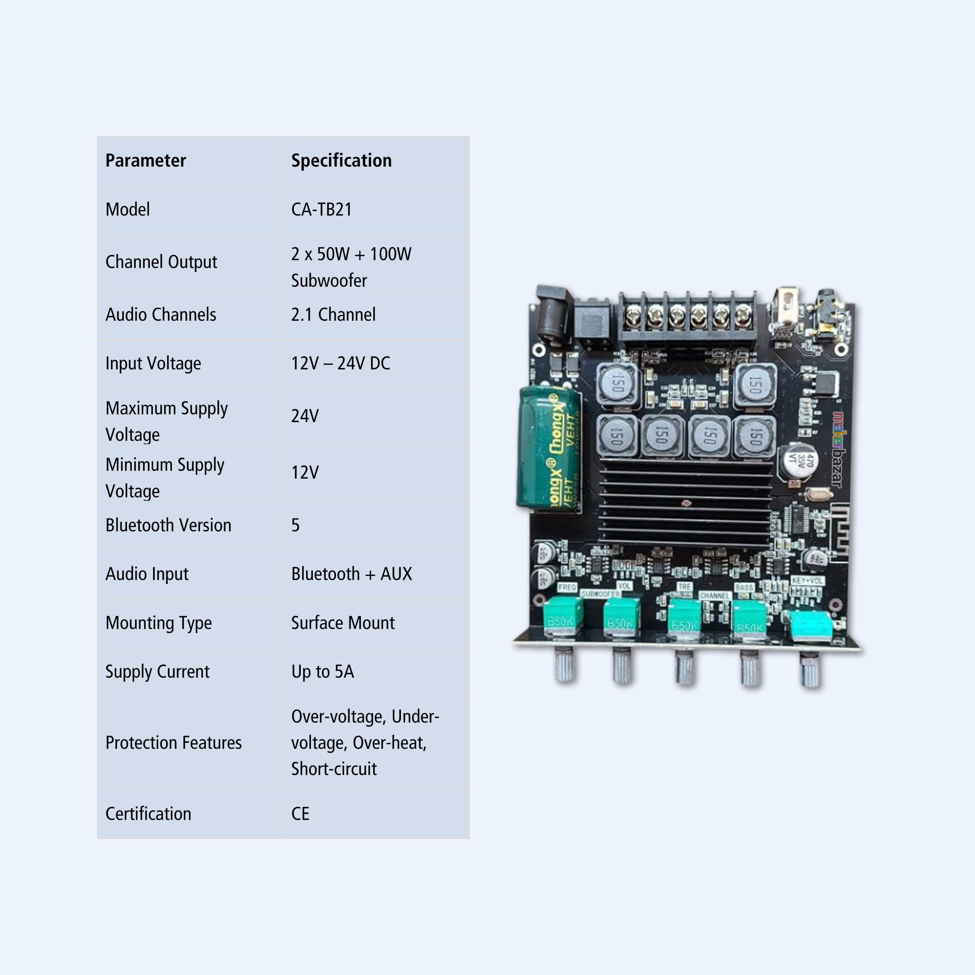 CA-TB21 2.1 Channel Bluetooth Audio Amplifier Board 2x50W + 100W
