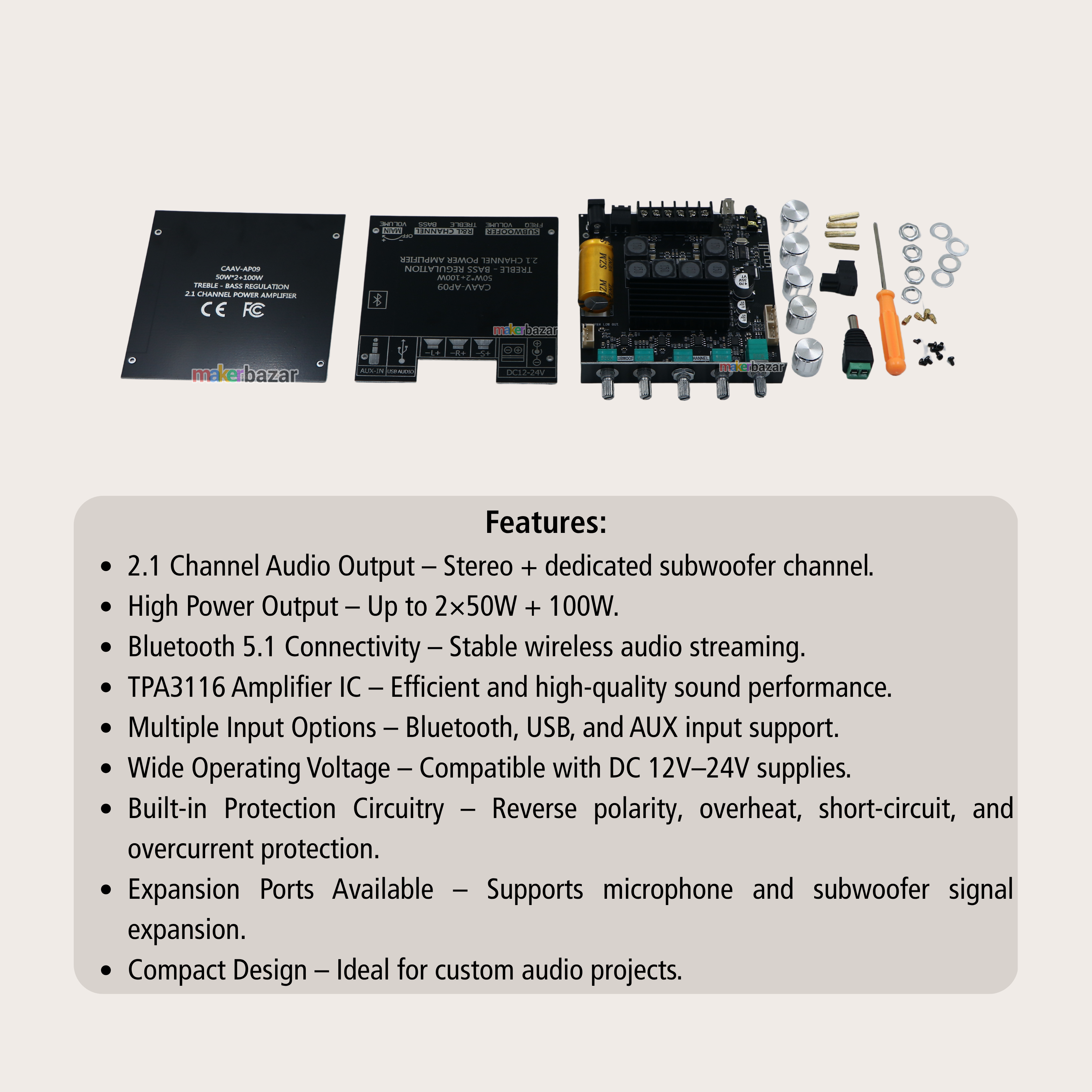 CAAV-AP09 2.1 Channel Bluetooth Audio Amplifier Board 2x50W + 100W