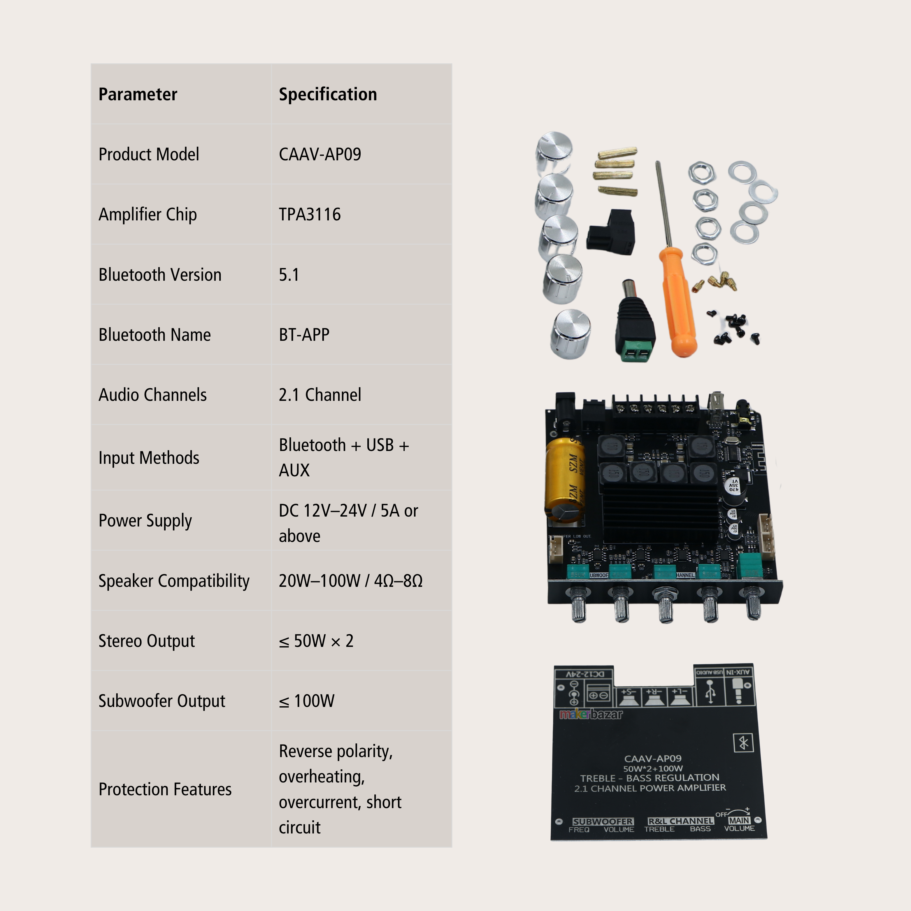 CAAV-AP09 2.1 Channel Bluetooth Audio Amplifier Board 2x50W + 100W