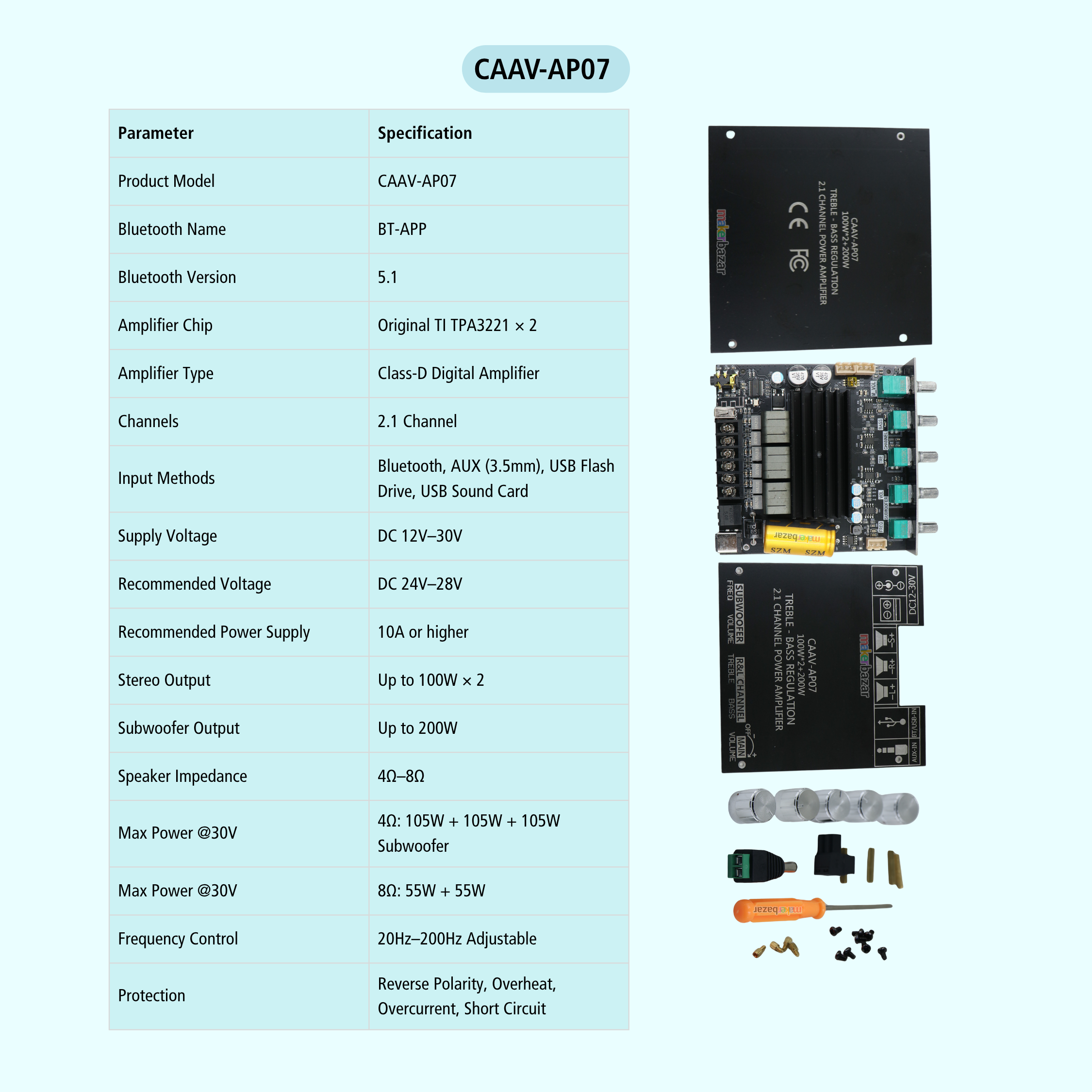 CAAV-AP07 TPA3221 2.1 Channel Digital Audio Amplifier Board 100W×2 + 200W 5.1BT