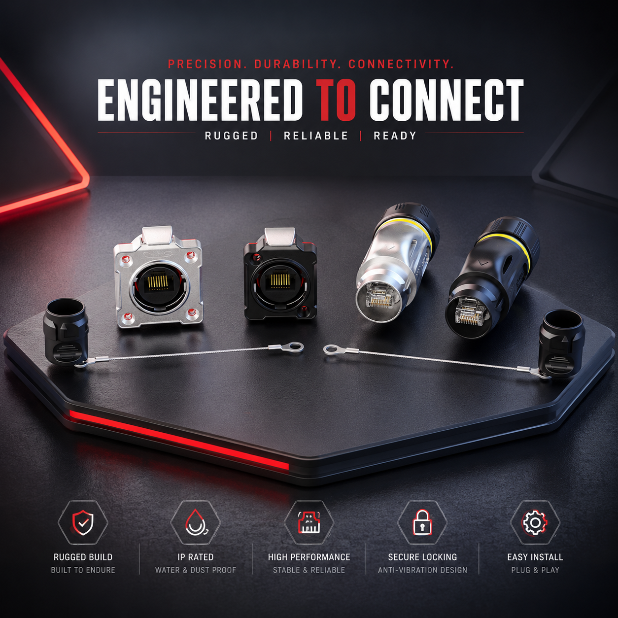 Electrical connectors on a black platform with branding text and product features.