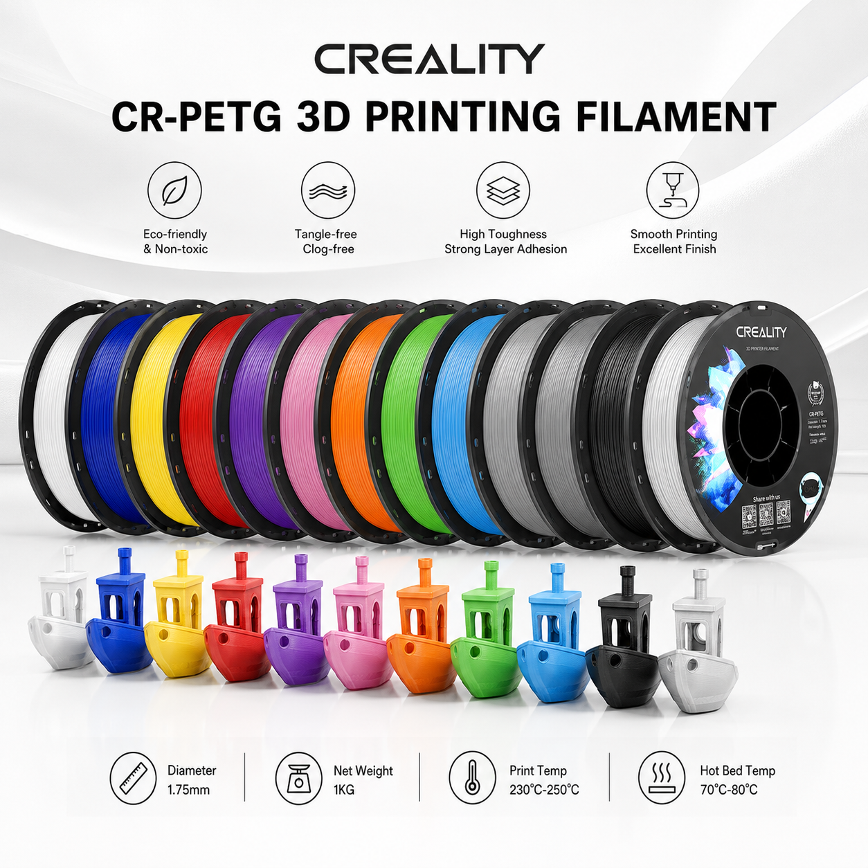 Creality CR-PETG 3D printing filament shown in multiple colors on spools, with small color sample cups below each spool. Text highlights eco-friendly, clag-free, strong layer adhesion, and smooth printing qualities.