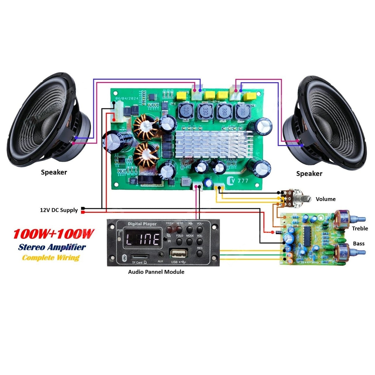 CV777 200W 12V Stereo Class D Amplifier TPA3116D2 Dual IC Inbuilt 100Wx2