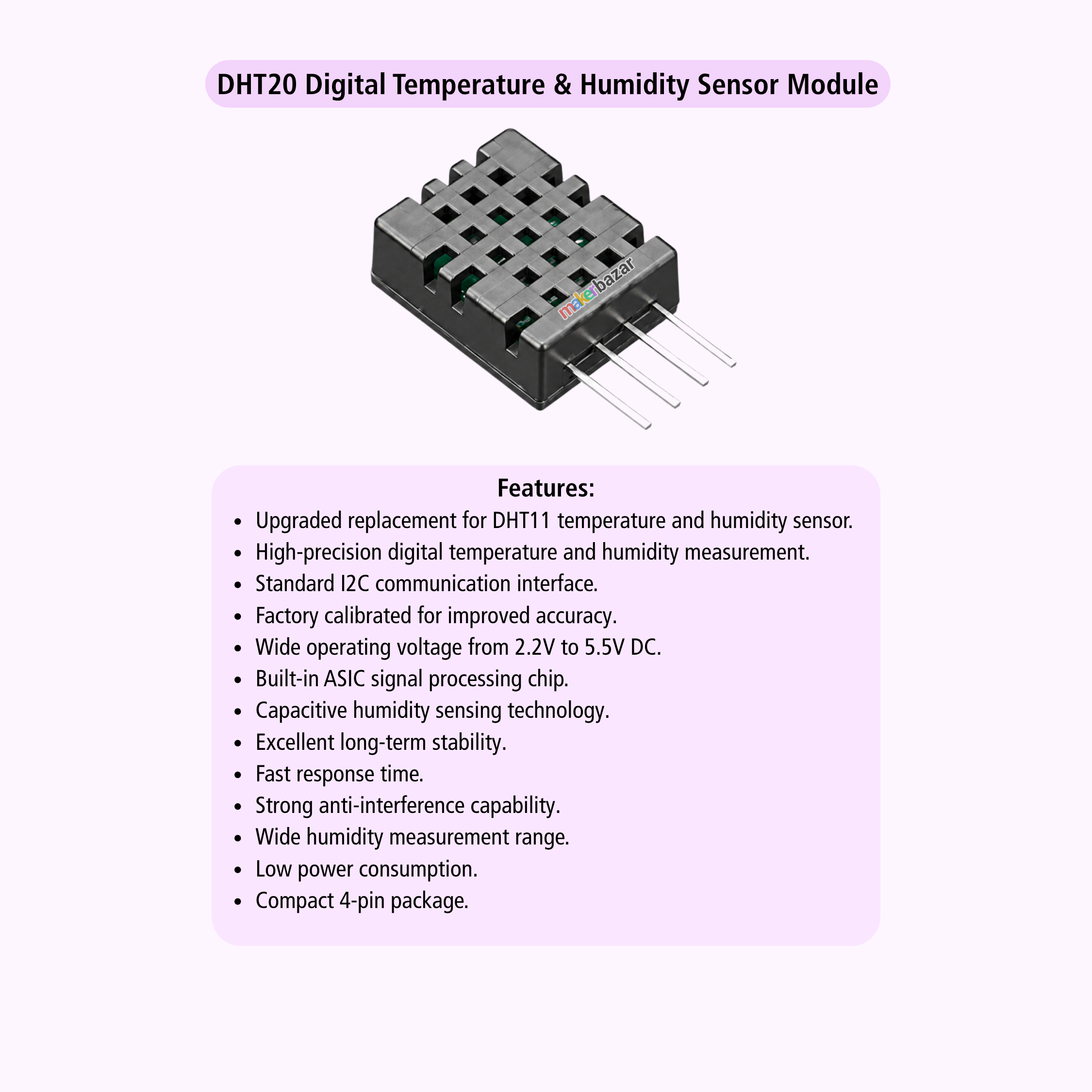 A digital temperature and humidity sensor module labeled DHT20, shown on a light purple background with descriptive text listing its features.