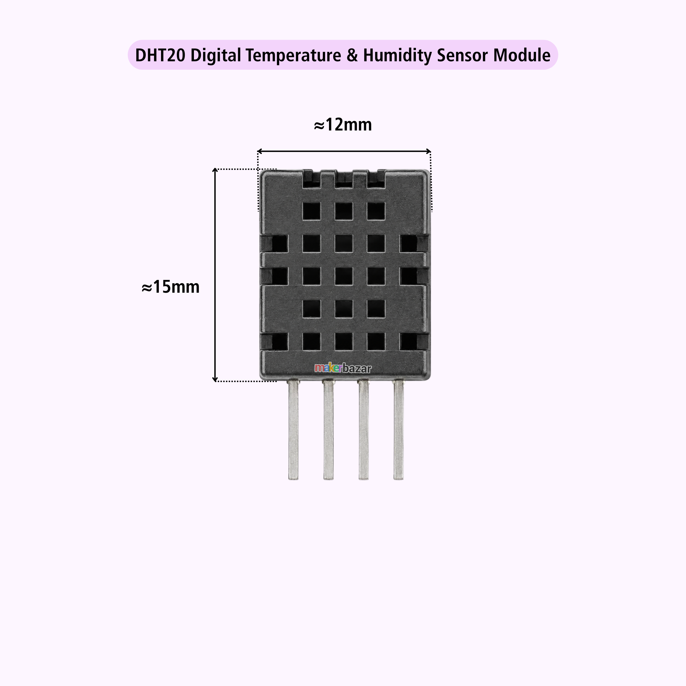 A DHT20 digital temperature and humidity sensor module with four metal pins, shown on a light lavender background with dimension labels indicating approximately 12mm by 15mm.