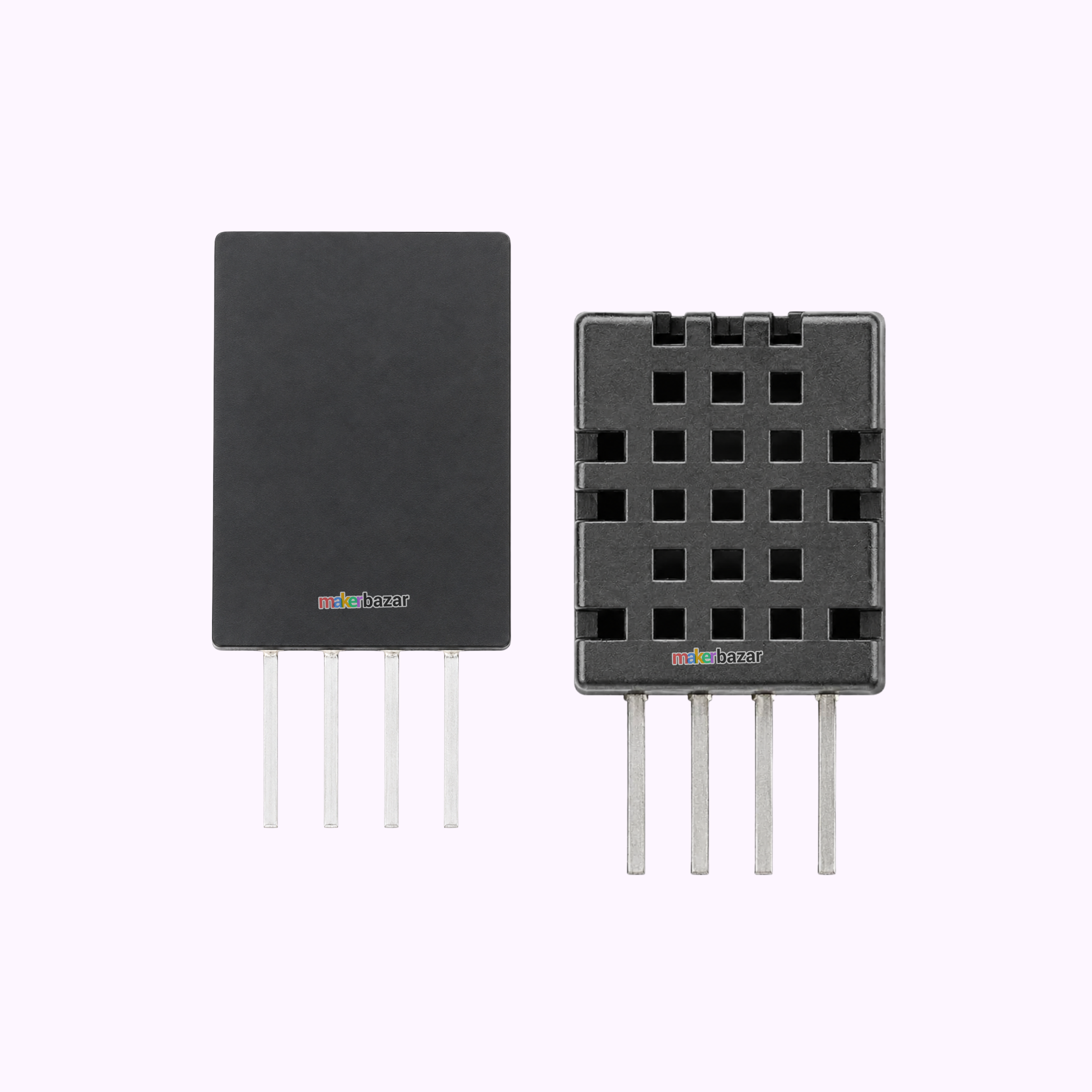 Two black electronic components with multiple silver pins, shown from front and back views on a light lavender background. The brand name 'microchip' is printed near the bottom of both units.