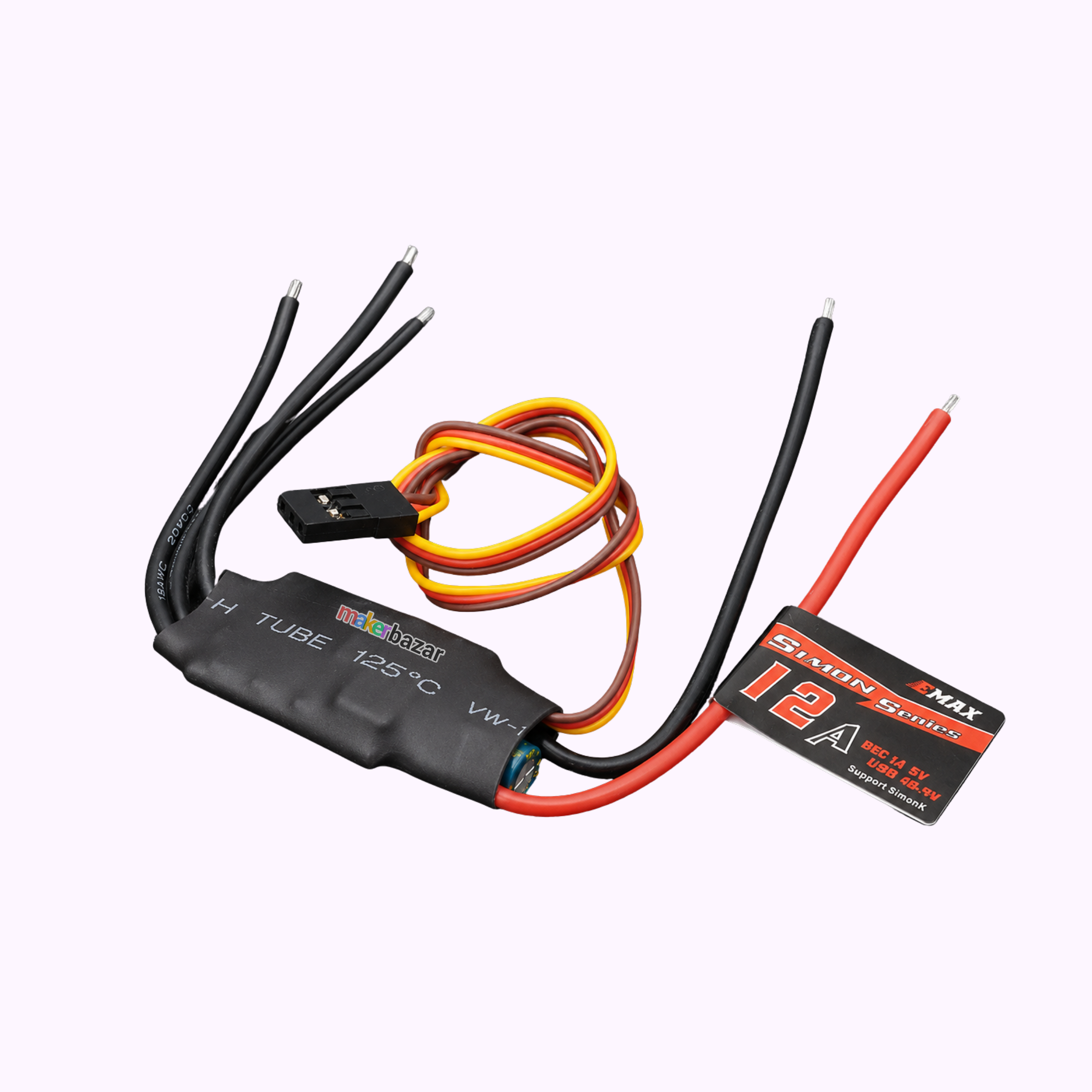 A 12A H-Tube power relay module with black, red, and yellow wires, shown on a light lavender background. The relay body is black with white text, and it includes a black connector and a black product tag.