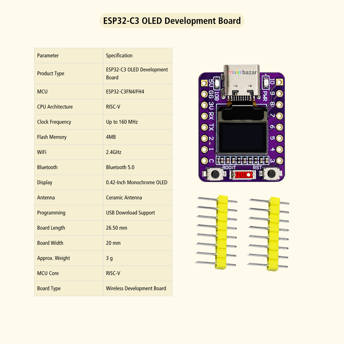 ESP32-C3 OLED Development Board kit on a light beige background, featuring a purple board with a monochrome OLED screen, a USB-C connector, two yellow screw connectors, and a specifications table.