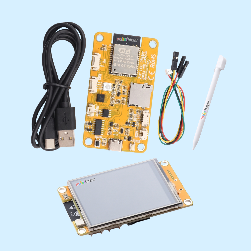 A micro:bit starter kit with a yellow micro:bit development board, a black USB cable, a multi-color wire connector, a white stylus, and a gray micro:bit screen module, arranged on a light blue background.