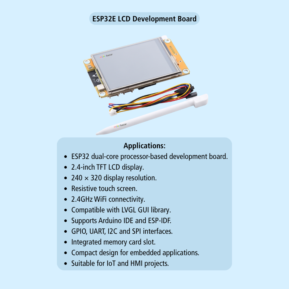 ESP32E LCD Development Board kit shown on a light gray background with descriptive text. The kit includes a small circuit board with a TFT LCD screen, multicolored wiring, a white stylus, and a card slot, with a feature list below.
