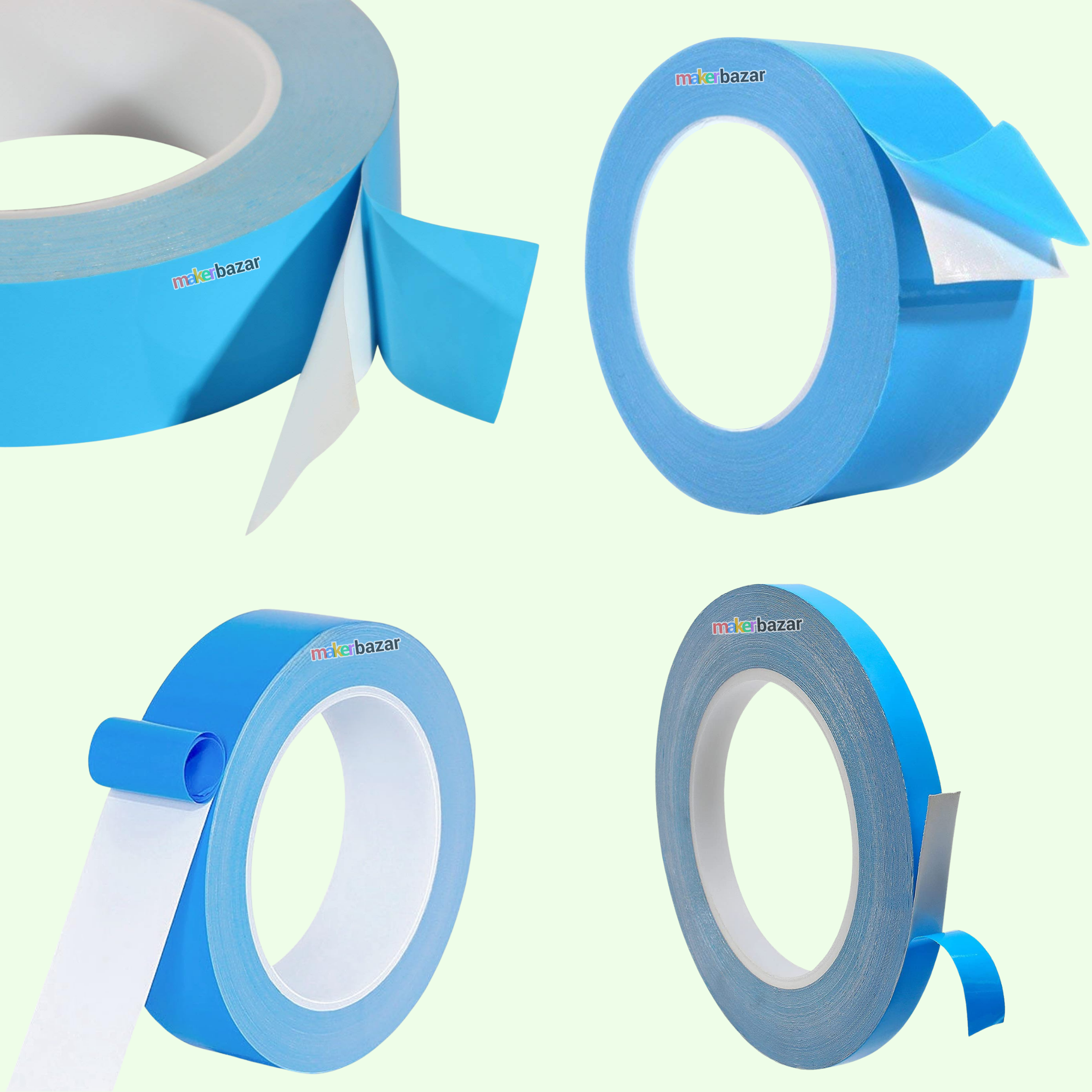 Four views of a roll of blue masking tape with a white backing, arranged on a pale green background. The brand name 'mfs.