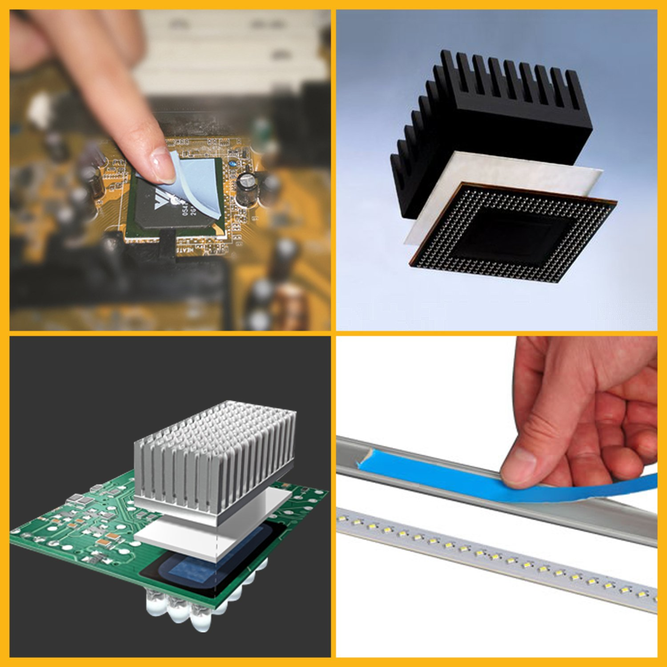 Collage of images showing electronic components and thermal materials.