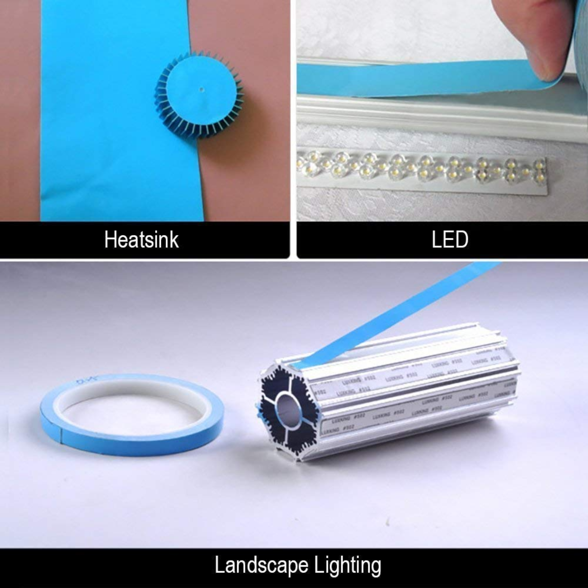 Collage of a heatsink, LED component, and landscape lighting component on a white background.