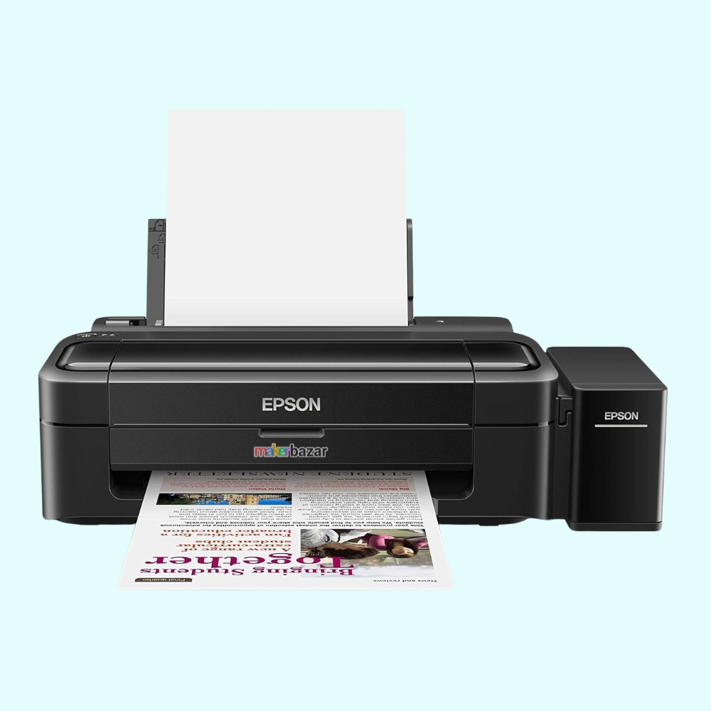 An Epson printer shown from the front on a light blue background, with a sheet of paper inserted at the top and another printed page emerging from the bottom.