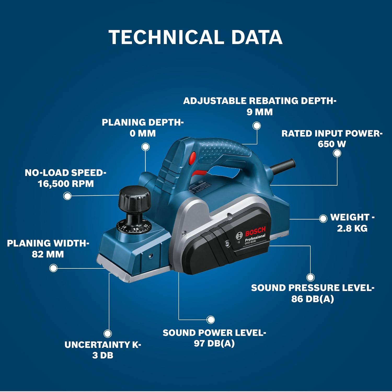 Bosch GHO 6500 Heavy-Duty 650W Corded Electric Wood Planer