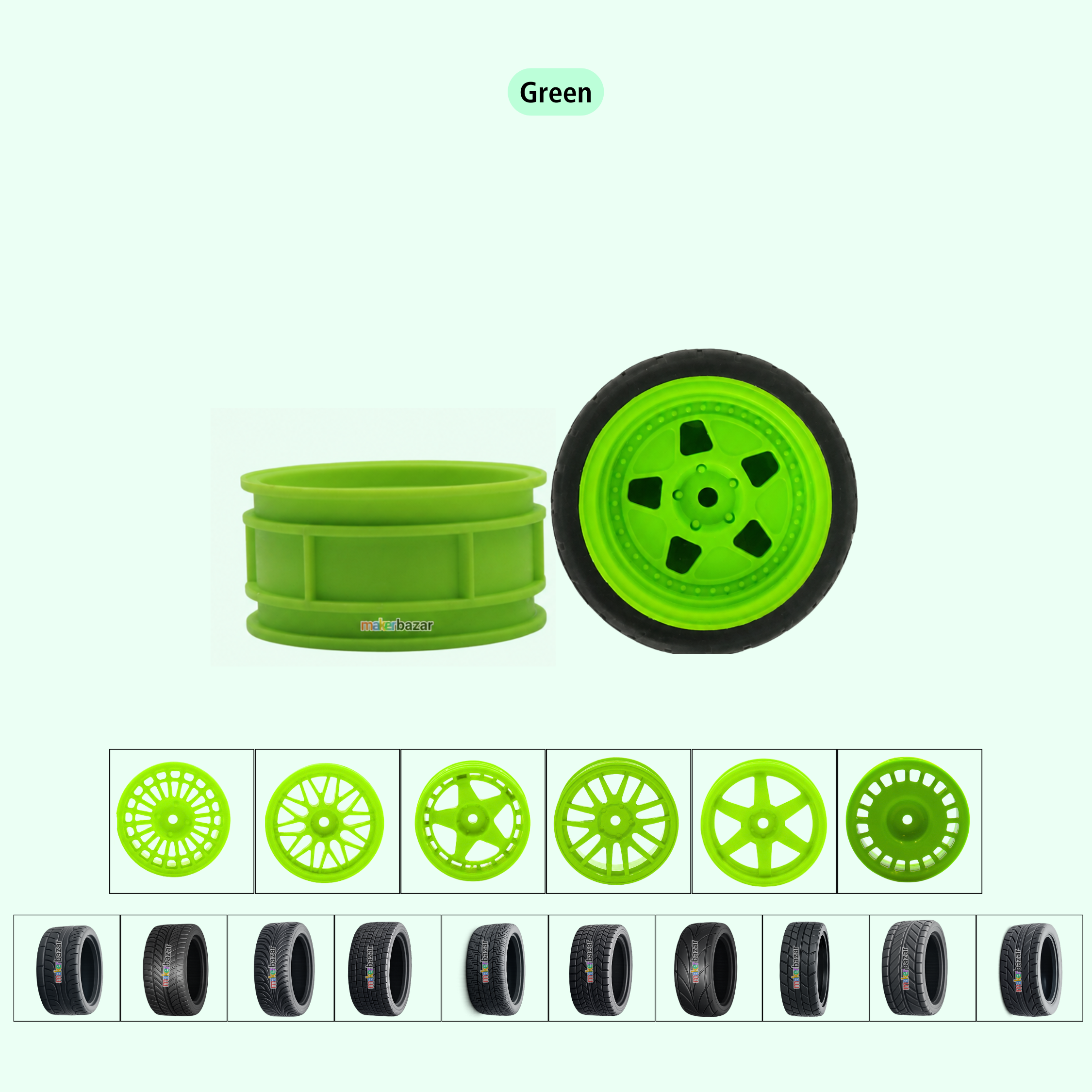 Green plastic model car wheel and hub assembly with black tires, shown alongside a row of smaller wheel and tire options on a pale green background.