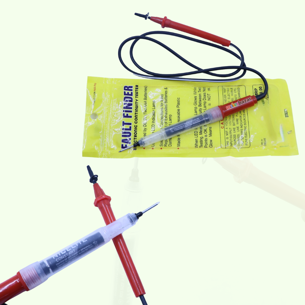 Fault finder pen with red and black probes on a yellow packaging background