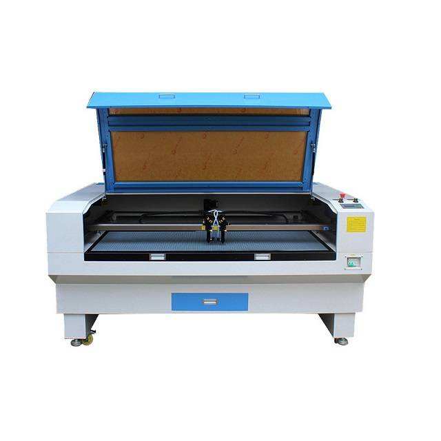A desktop laser cutting machine with a white base, blue accents, and an open blue lid, shown on a plain white background.