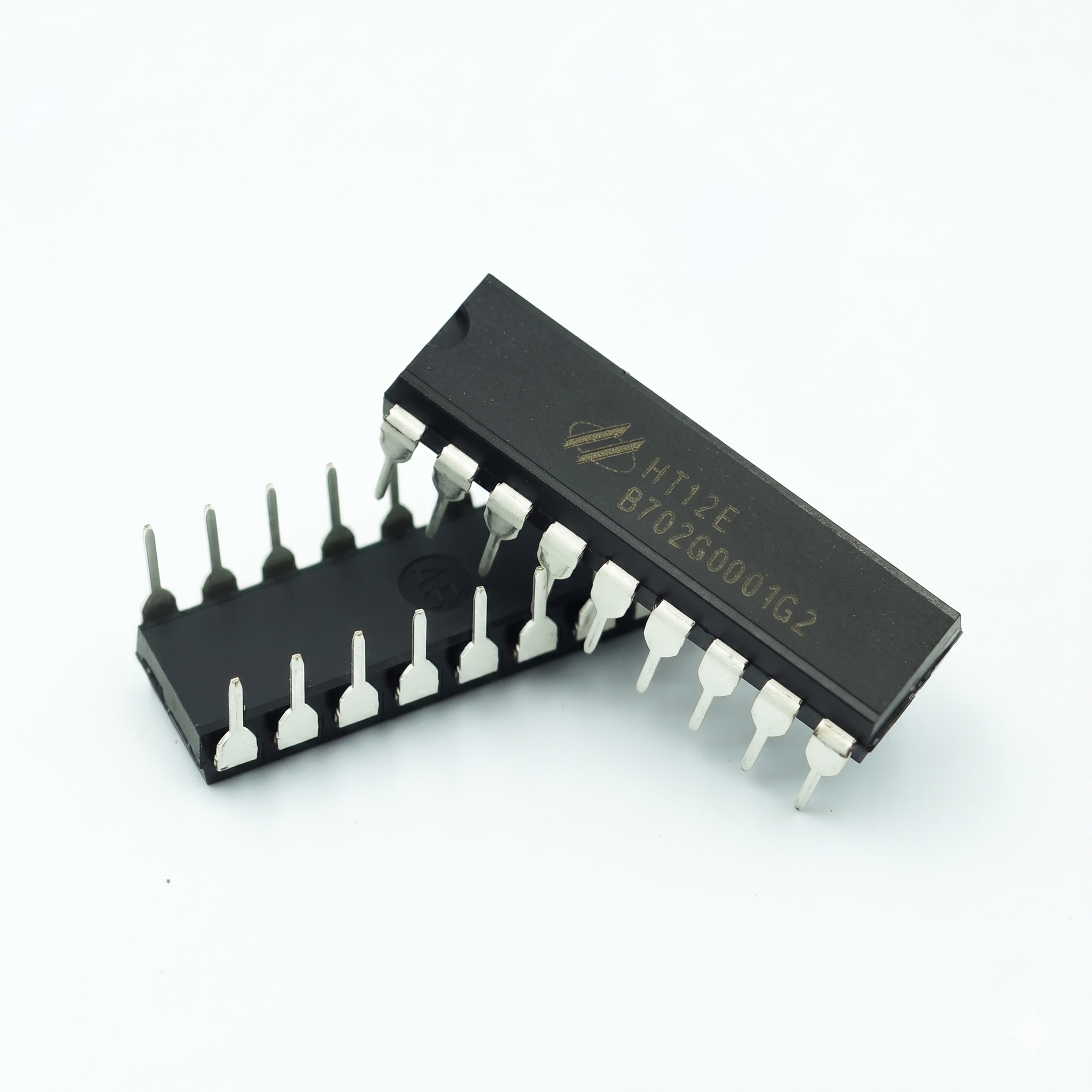 Black integrated circuit with white pins on a white background